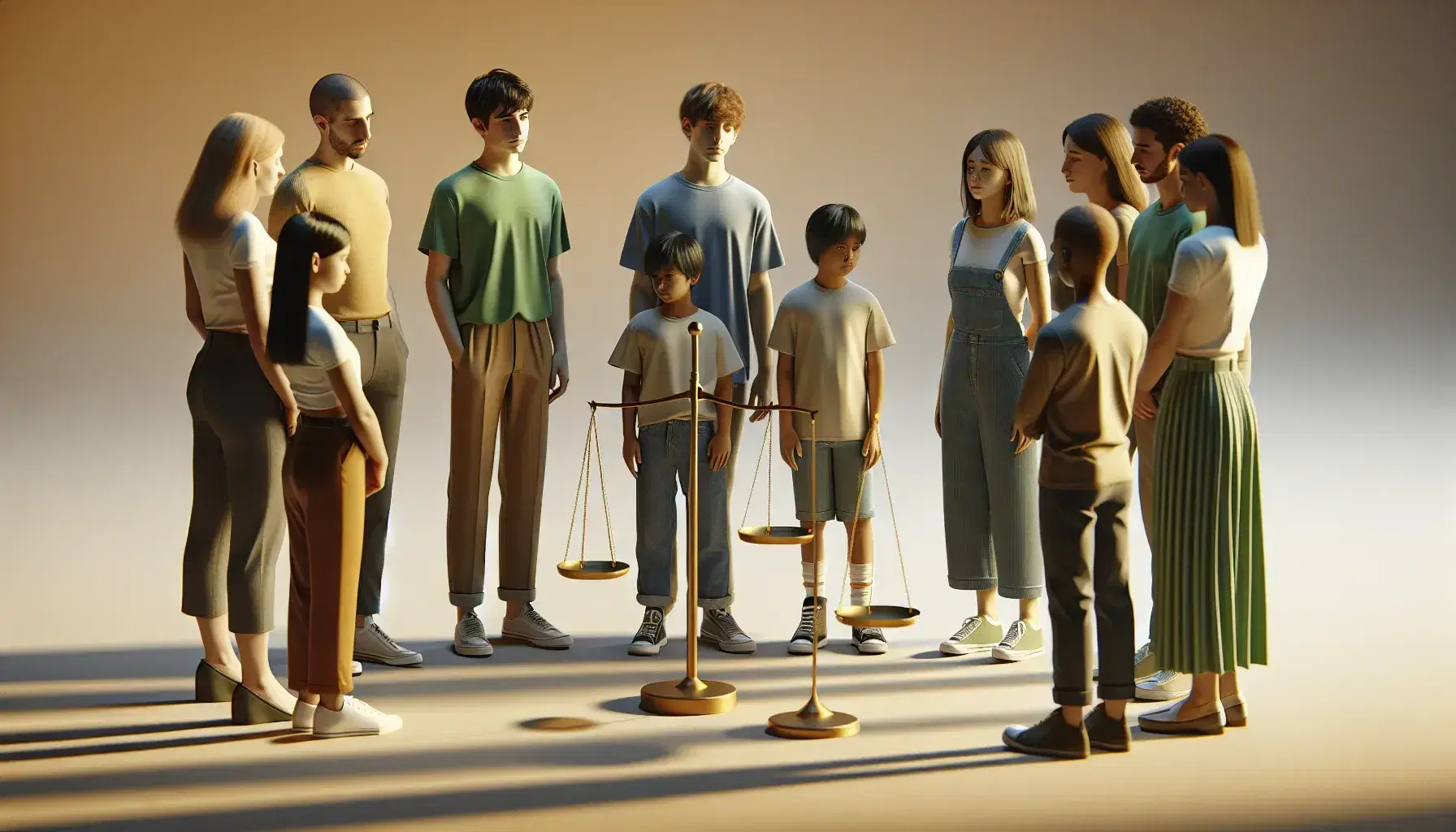 Grupo diverso de personas en semicírculo mirando una balanza dorada en equilibrio, simbolizando diálogo y equidad.
