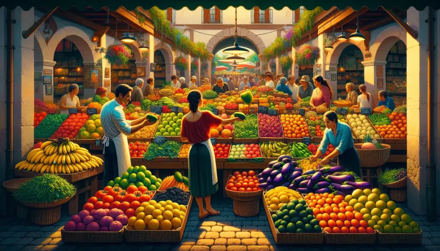 Vibrant outdoor market scene with fresh fruits like bananas and avocados, vegetables, and a merchant selling to a woman in a red dress under a clear blue sky.