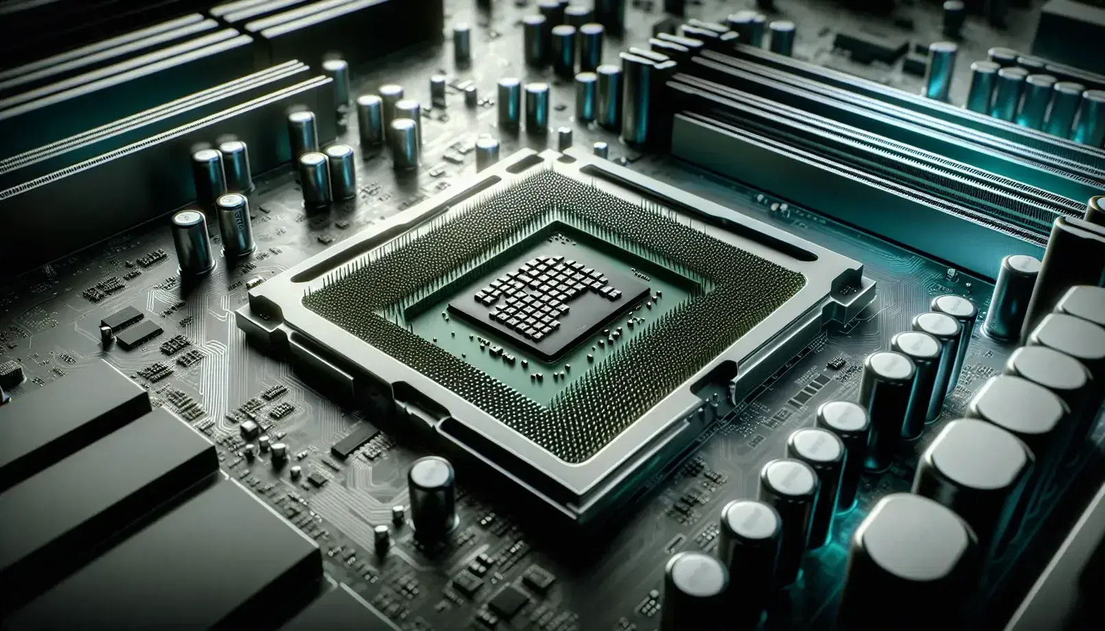Close-up of a motherboard with processor installed in the socket, RAM module and metal capacitors, circuit boards in green and silver.