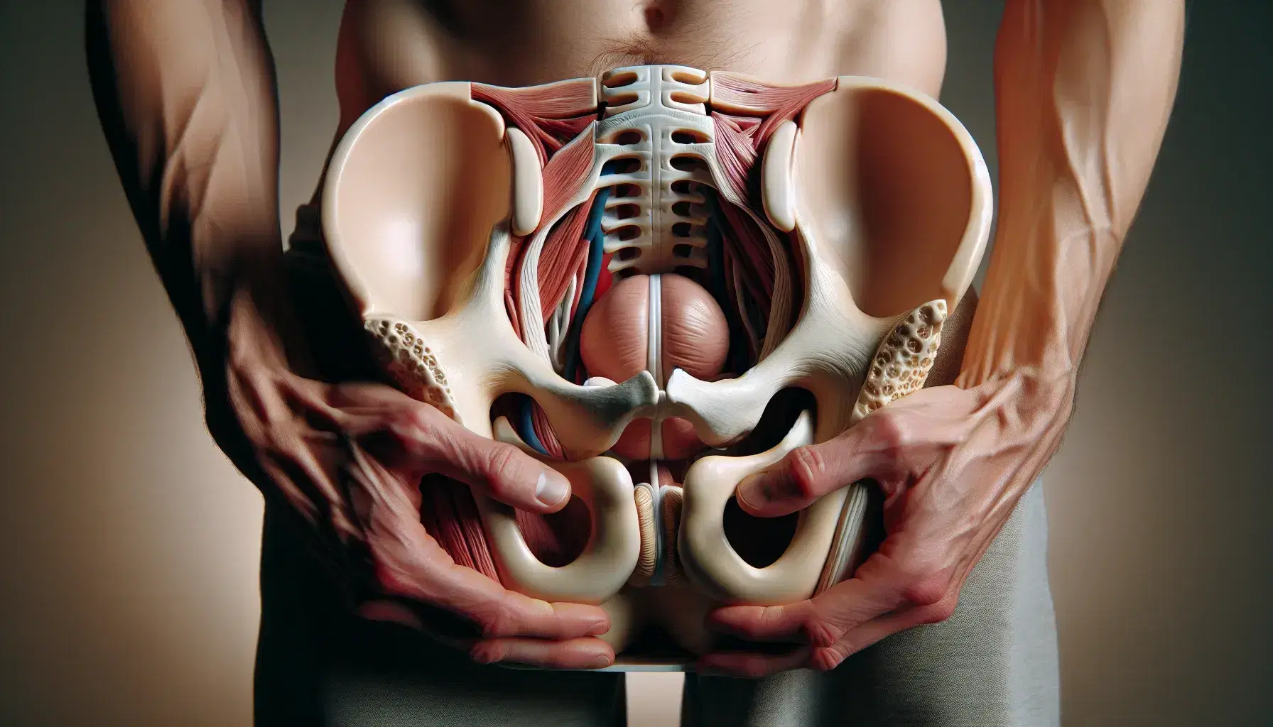 Manos sujetando modelo anatómico detallado de pelvis humana con sistema urinario y músculos del suelo pélvico sobre fondo neutro.