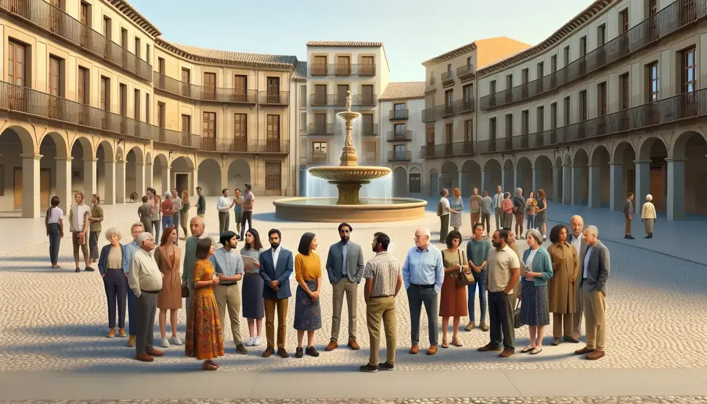 Diverse group of individuals mingling in a Spanish town square with a cobblestone pavement and a historic fountain, under a clear sunny sky.