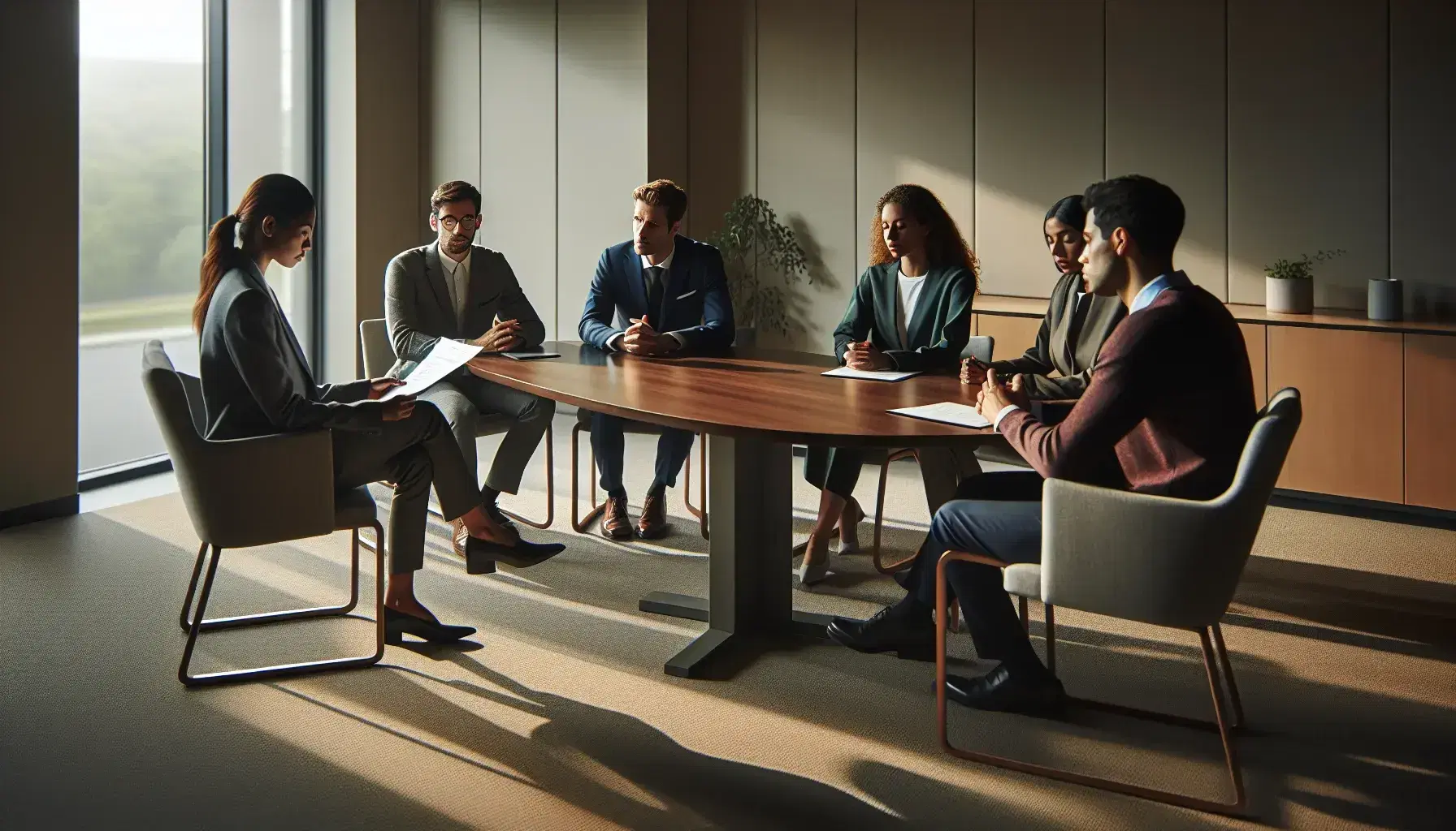 Diverse professional team in a meeting, with a South Asian woman holding a resume, a man on a tablet, and two others in discussion in a modern office.