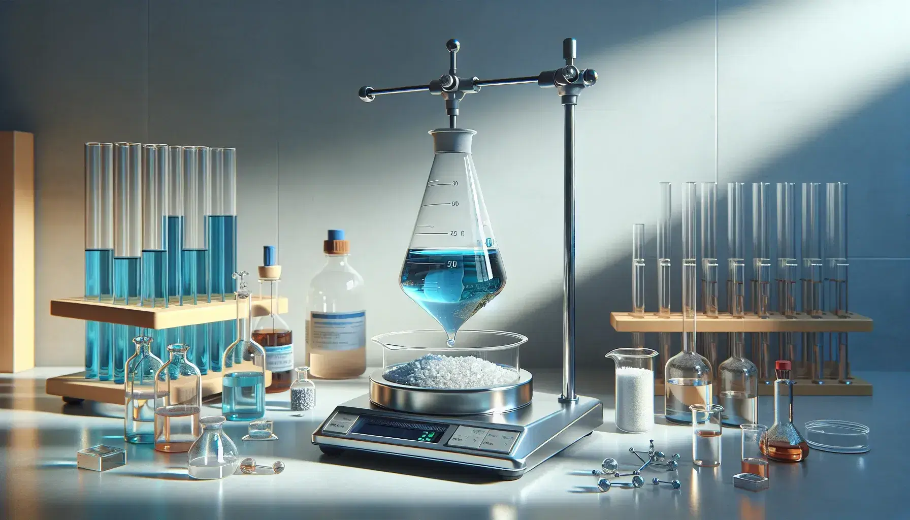 Laboratorio chimico con imbuto separatore contenente liquidi immiscibili, bilancia analitica digitale e provette con precipitati.