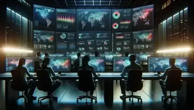 Modern Security Operations Center with operators at desks monitoring abstract data on multiple screens, ambient lighting enhances the high-tech environment.