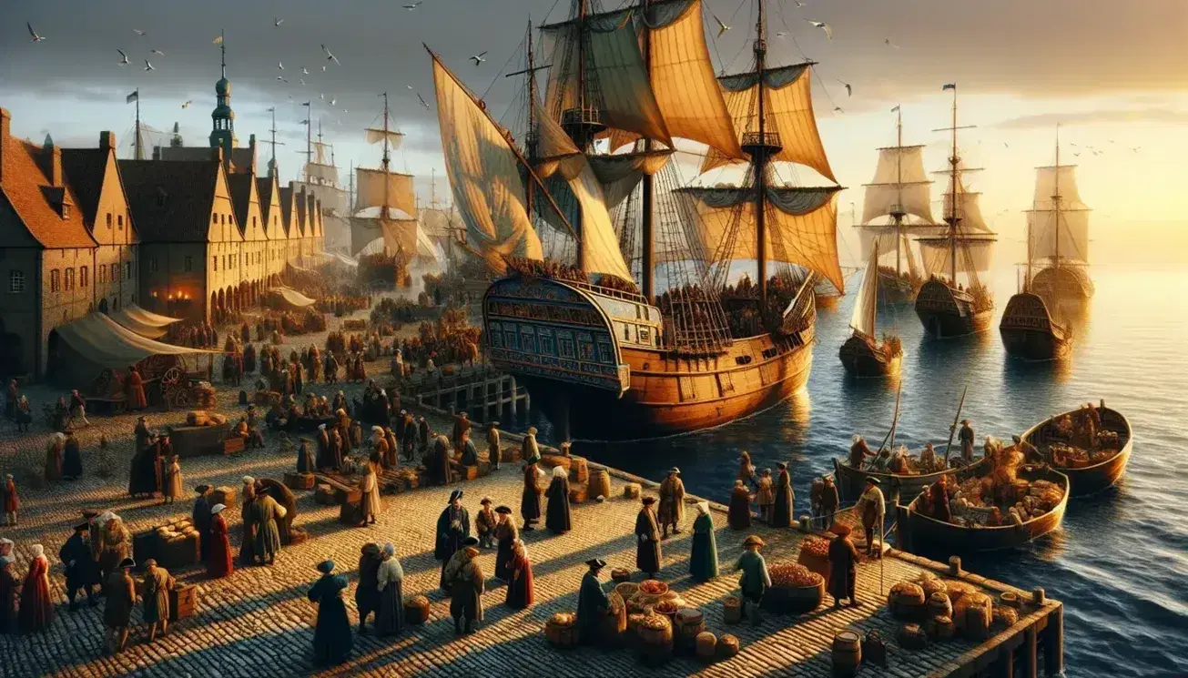Bustling Baltic Sea port during golden hour with a wooden sailing ship at the cobblestone dock, people in period attire loading goods, and distant ships on the horizon.