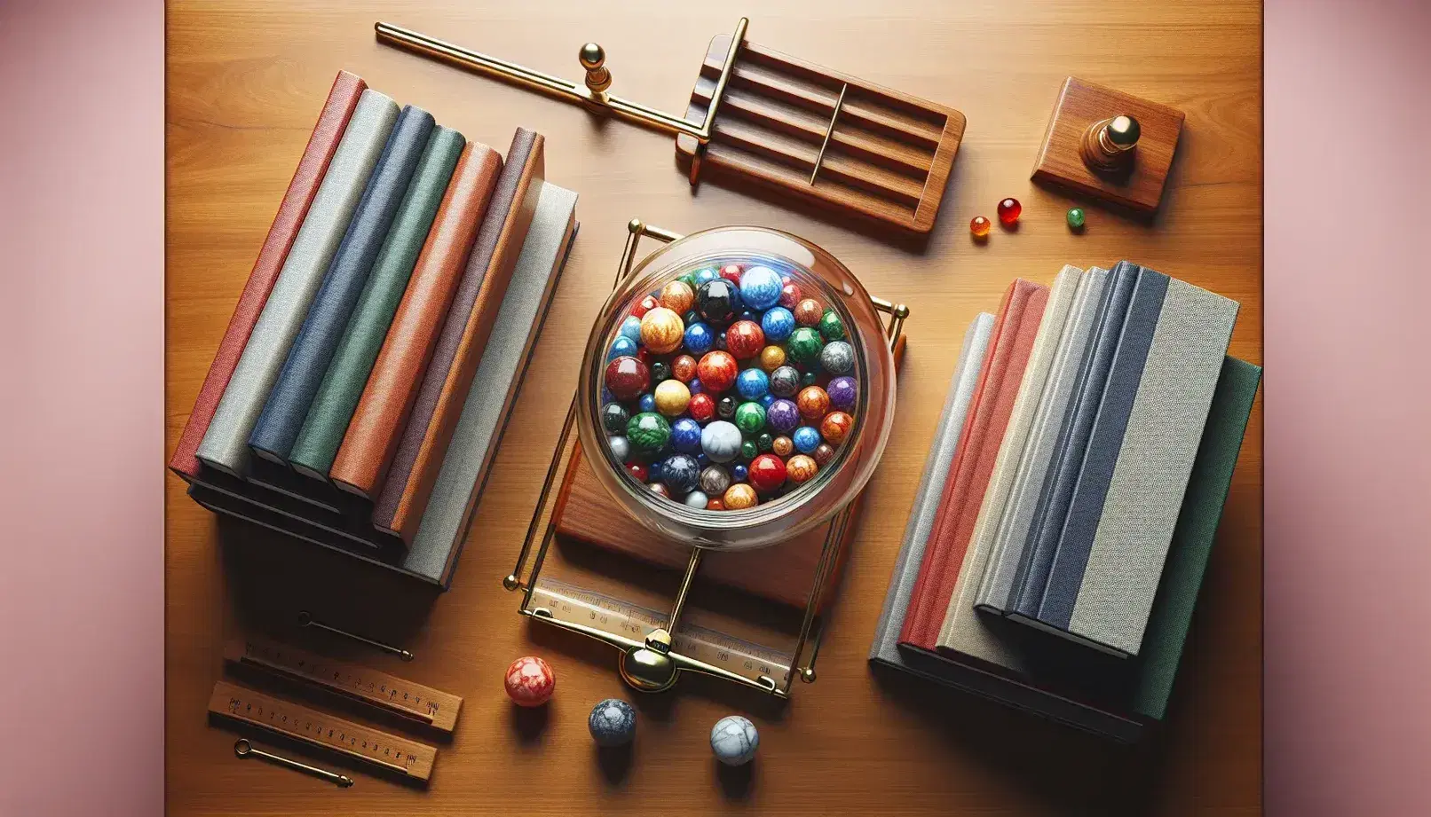 Wooden desk with jar of colored marbles, brass scales, clock without numbers, stacked books and green plant in terracotta pot.