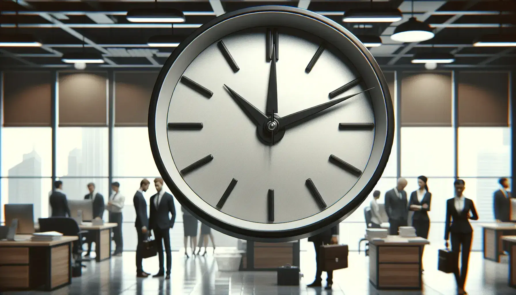 Reloj de pared redondo con marco negro marcando las 5:00 en una oficina con personas en traje y ropa de trabajo, ambiente laboral con escritorios y computadoras al fondo.