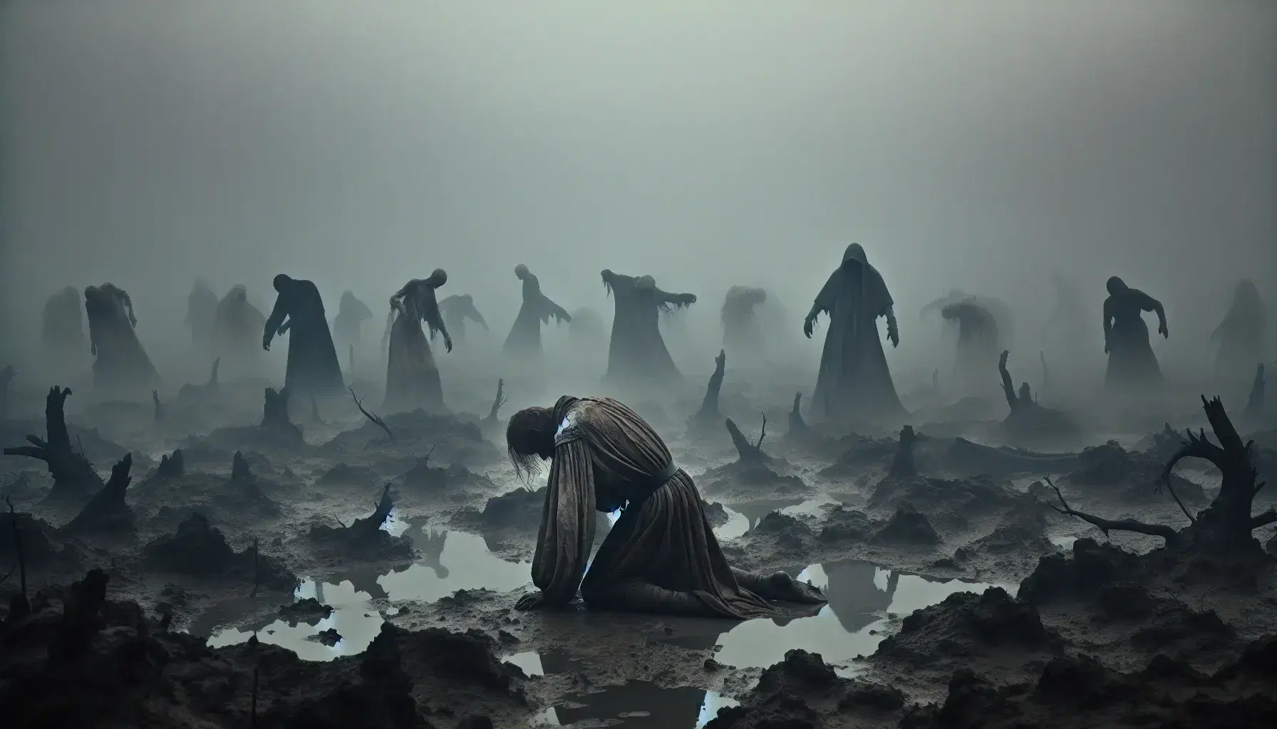Figura umana in abiti d'epoca lotta contro forza invisibile in paesaggio desolato e nebbioso, evocando atmosfera di sofferenza.
