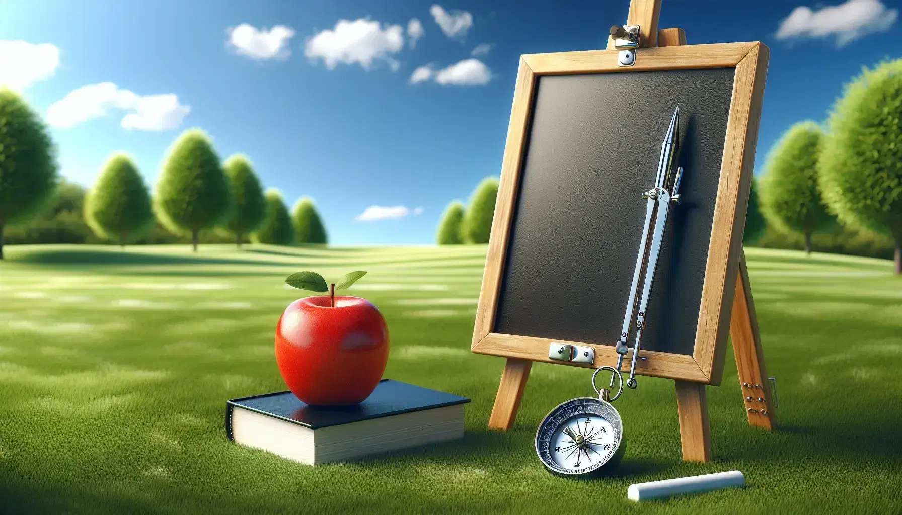Blackboard on easel with blank space, red apple on ledge, silver compass on grass, and white chalk beside, under a blue sky with wispy clouds.