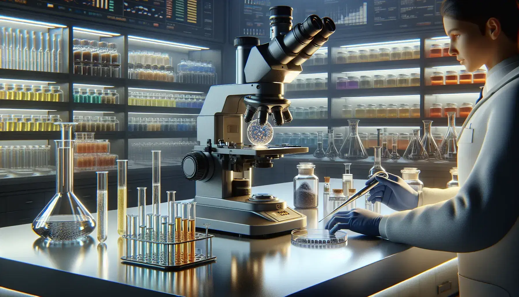 Laboratorio scientifico moderno con microscopio elettronico, provette colorate, contenitori e ricercatore in camice che usa una pipetta.