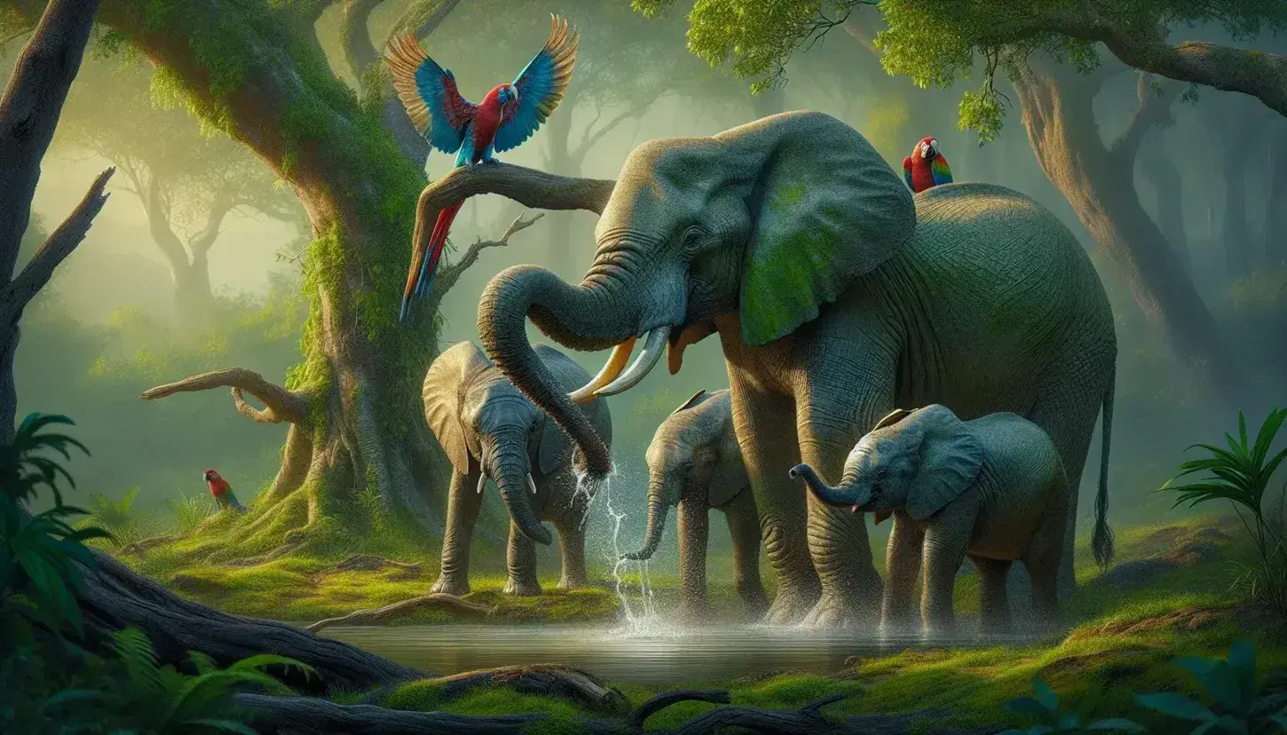 Three African elephants cool off in a waterhole, with a juvenile being splashed by an adult, colorful parrots on a branch and a chimpanzee searching for termites.