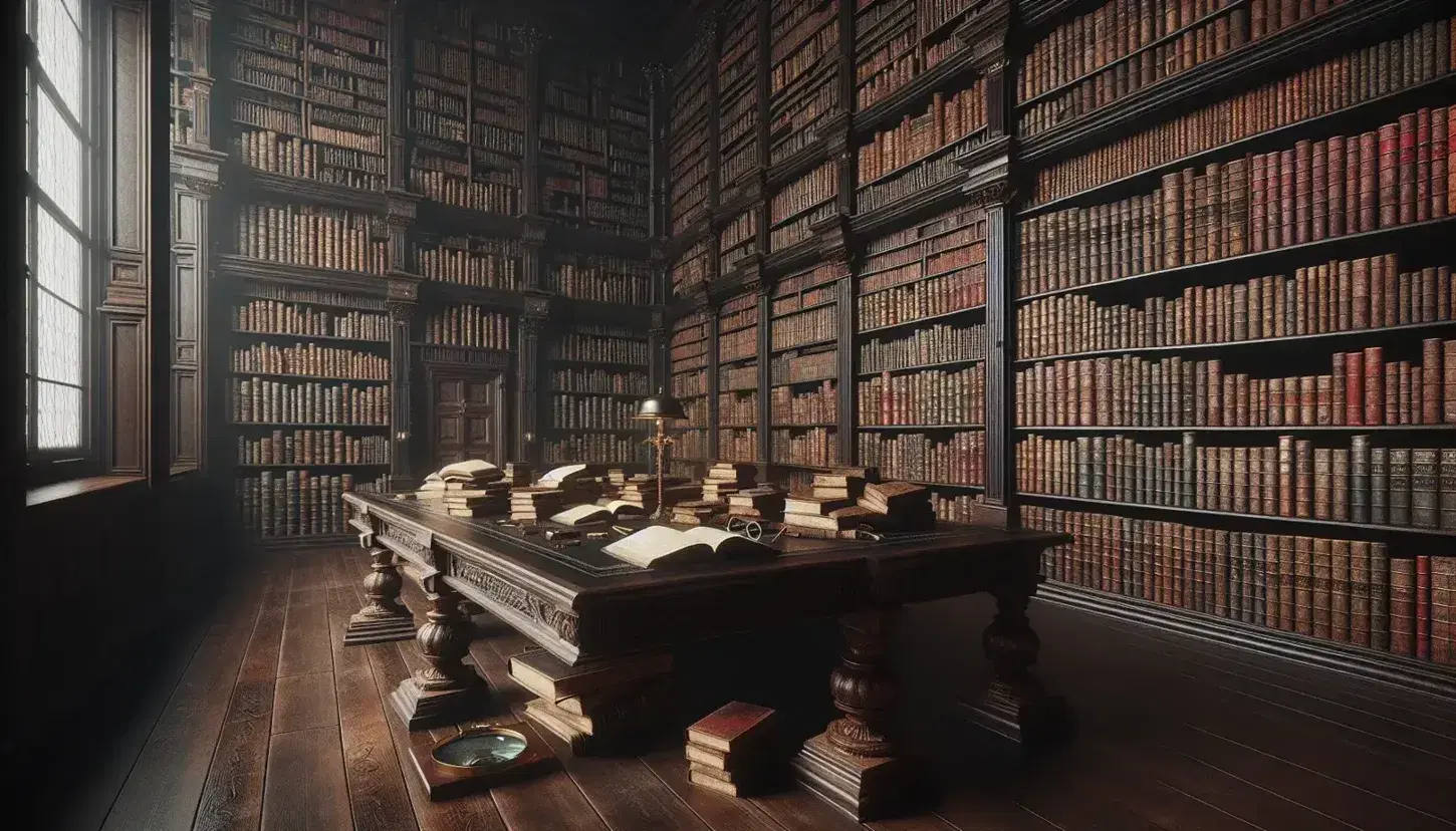 Biblioteca antica con scaffali in legno scuro pieni di libri rilegati, tavolo centrale con libri aperti e lenti d'ingrandimento, luce soffusa.