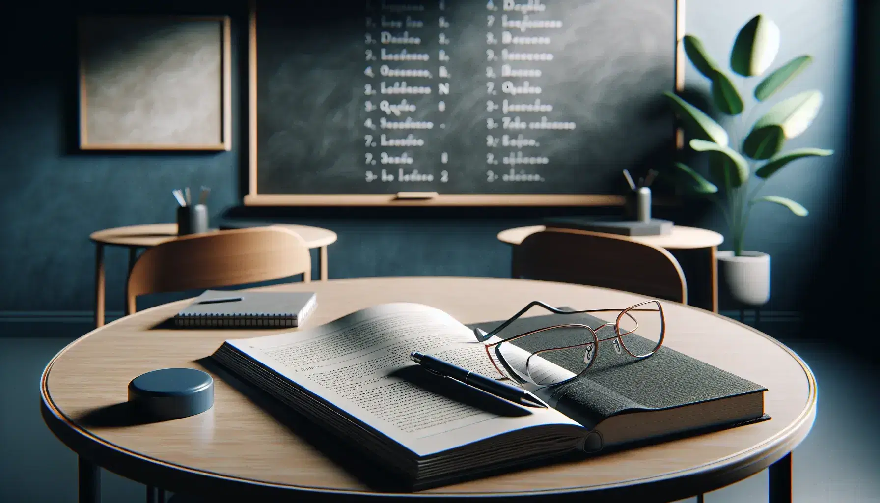 Spanish language study setup with open textbook, blank notebook, pen, and reading glasses on a wooden table, flanked by potted plants against a clean chalkboard.