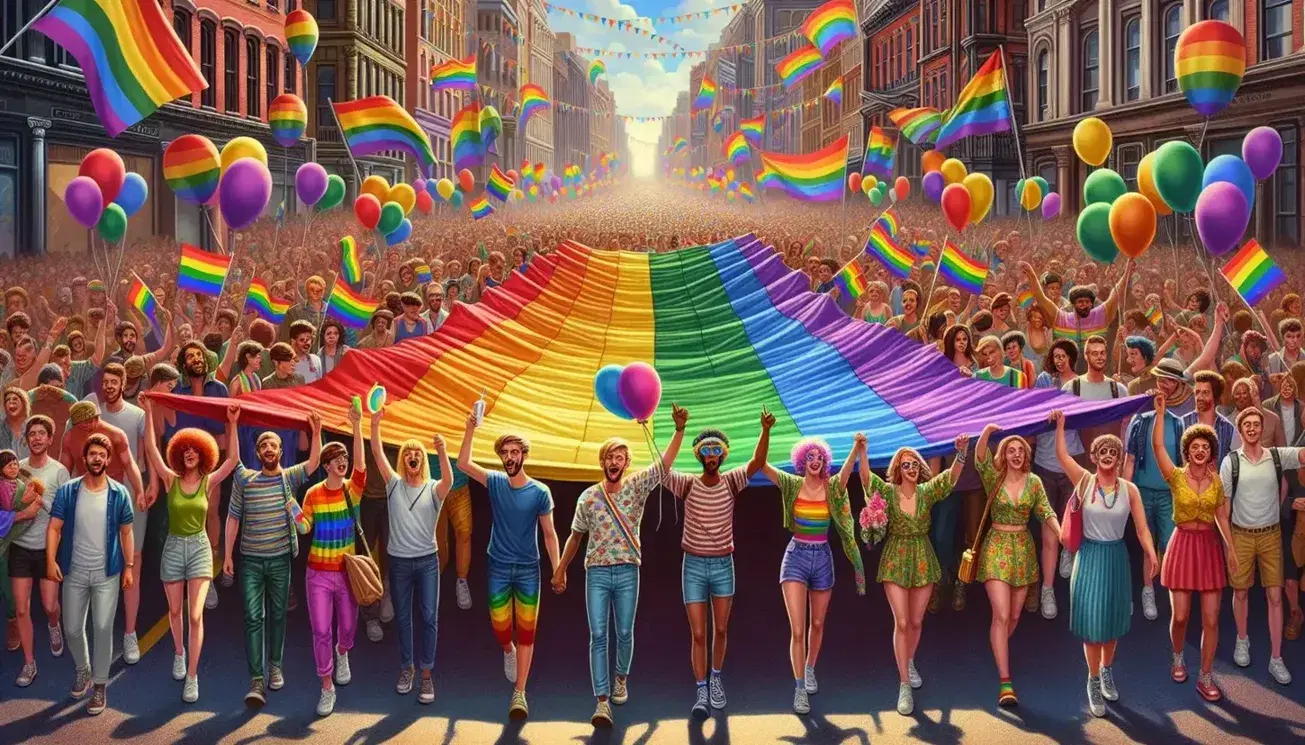 Diverse crowd celebrating at a Pride parade, holding a large rainbow flag, with colorful balloons and attire against a cityscape on a sunny day.