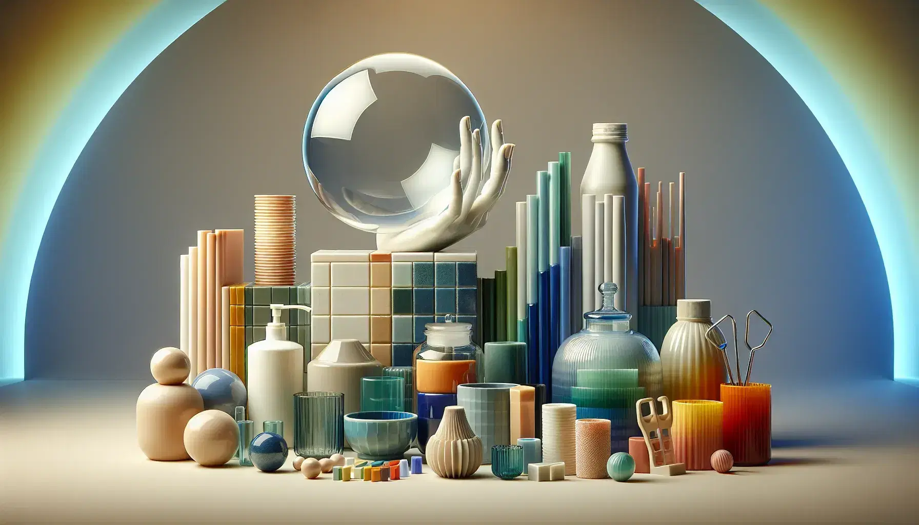Sfera di vetro trasparente con riflessi blu-verdi, piastrelle ceramiche colorate, oggetti in plastica vari e mano manichino in primo piano.