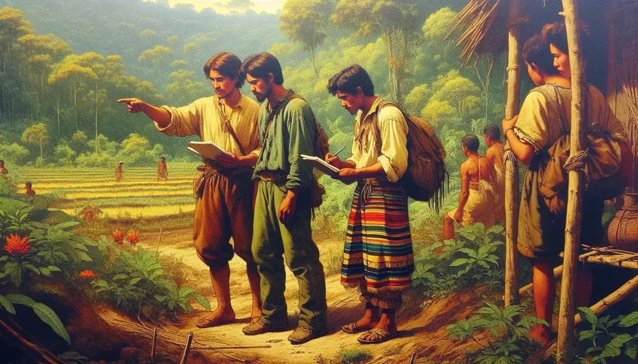 Grupo de tres personas en entorno rural, una tomando notas y otra señalando algo fuera de cuadro, con vestimenta tradicional y paisaje verde al fondo.