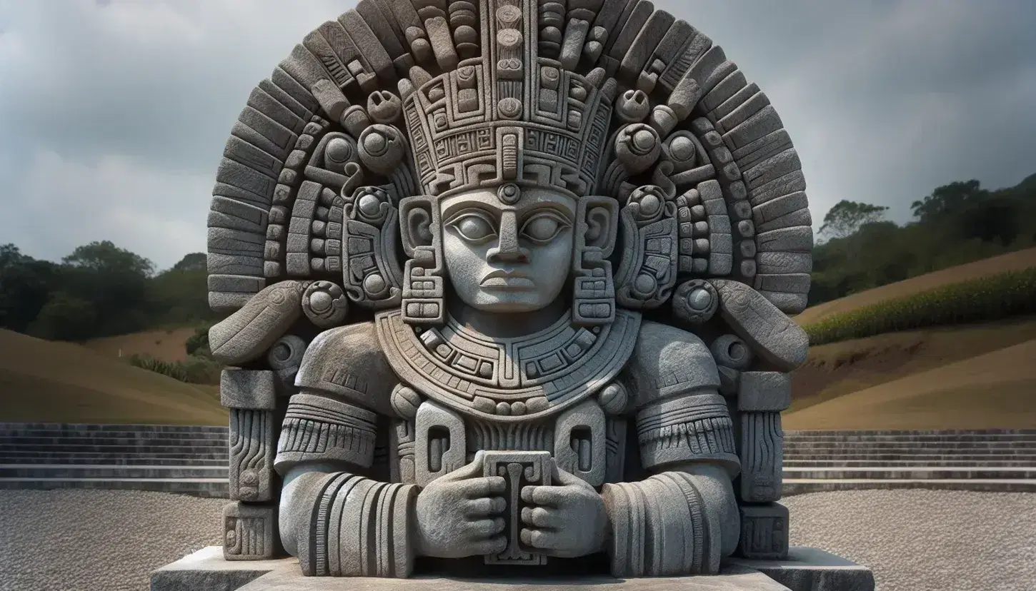 Estatua de piedra antigua con figura antropomórfica y tocado elaborado, joyería ceremonial y brazos en postura ritual, al aire libre.