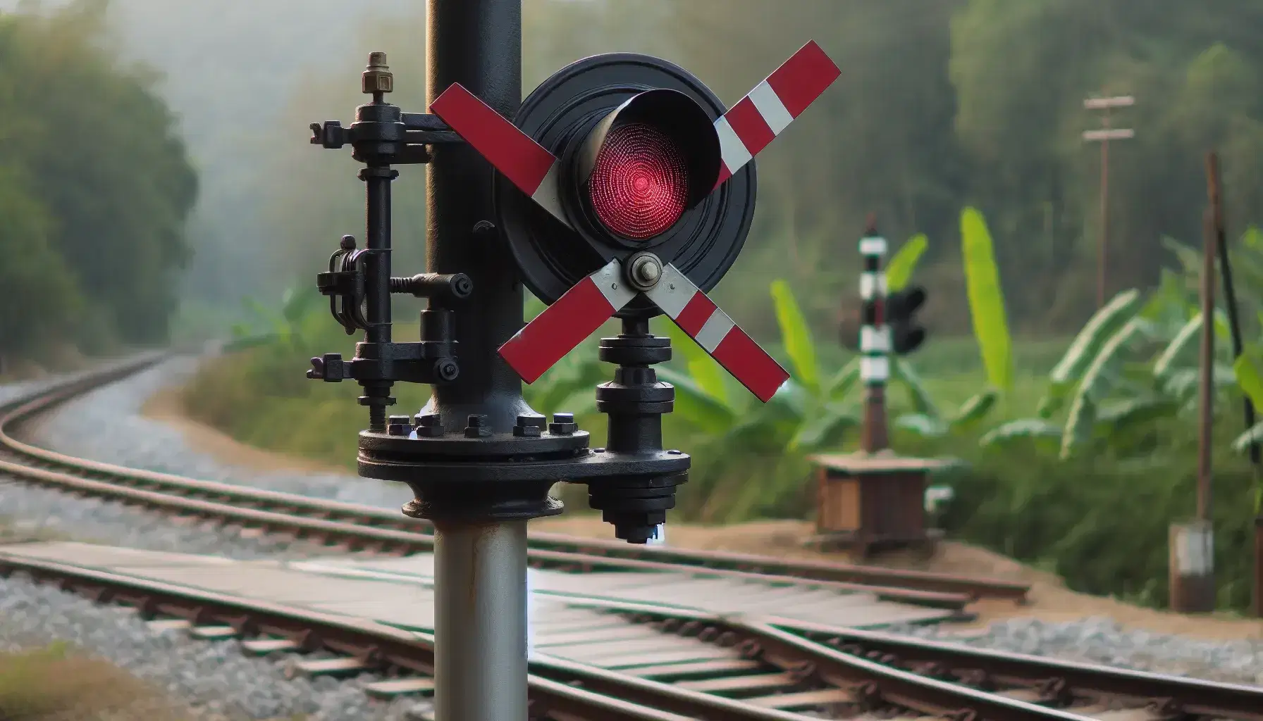 Classic railway semaphore signal with red mechanical arm and white band inclined at 45 degrees on black pole, blurred natural background.