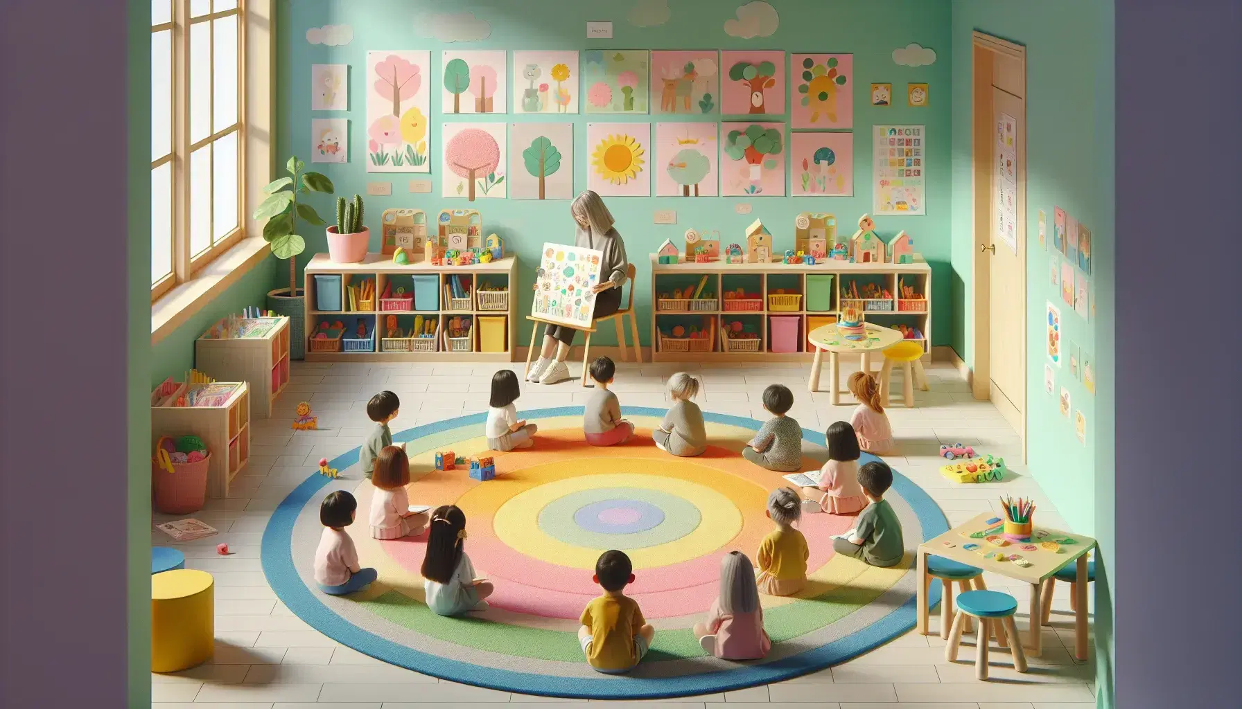 Aula de jardín de infantes con niños sentados en alfombra circular, maestra leyendo libro, estantes con juguetes, mesa con bloques y dibujos en la pared, esquina de lectura con cojín y libros.