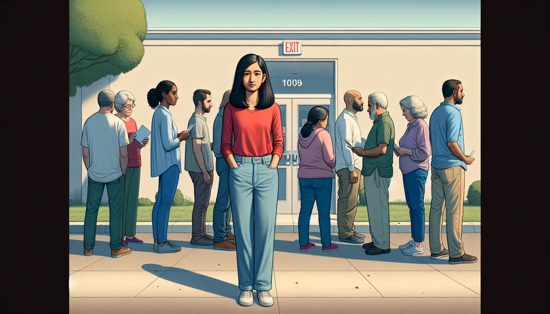 Diverse group queuing outside a neutral building under a clear blue sky, possibly at a polling station, reflecting civic participation.