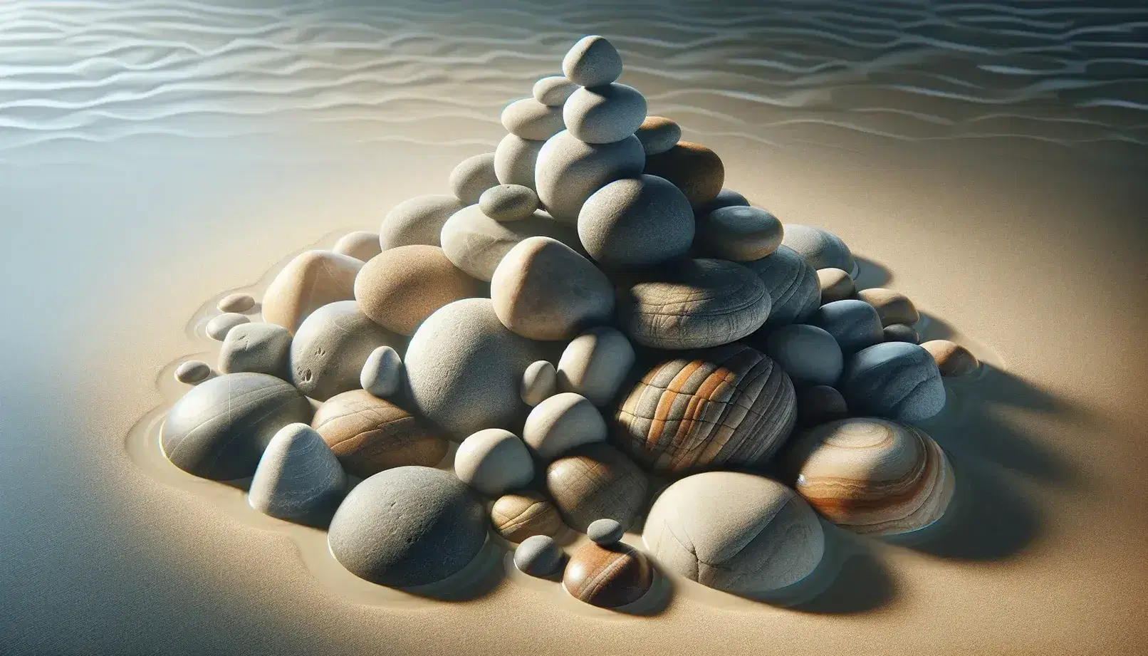 Pietre rotonde di varie dimensioni su sabbia liscia, disposte in modo crescente che ricorda una piramide, con ombre morbide.