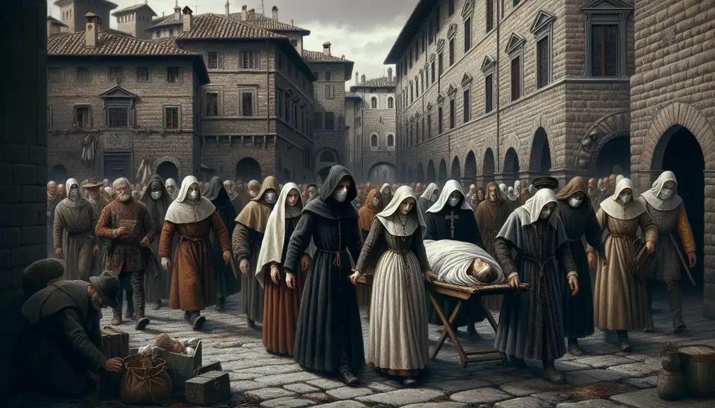 Scena del XIV secolo a Firenze con persone in abiti medievali e maschere durante la peste nera, alcuni fuggono portando oggetti.