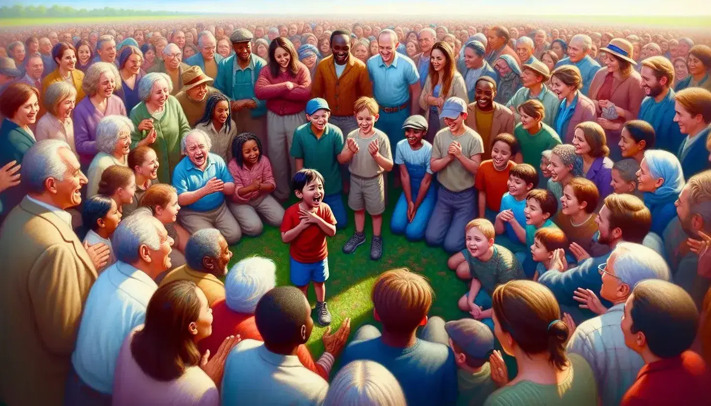 Grupo diverso de personas en semicírculo al aire libre enfocado en un niño que habla o ríe, con fondo de árboles y cielo azul.