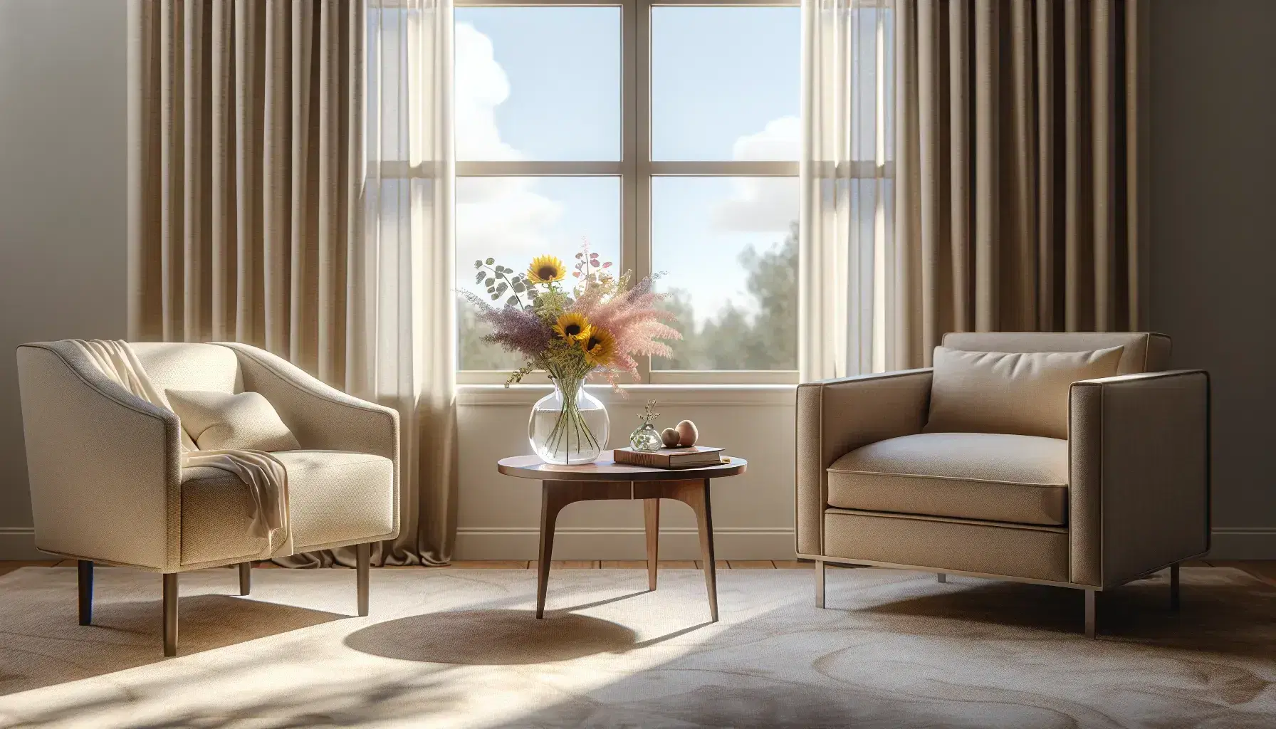 Cozy therapy studio with beige armchair, interview sofa, coffee table with vase of colorful flowers and bookcase with plants.