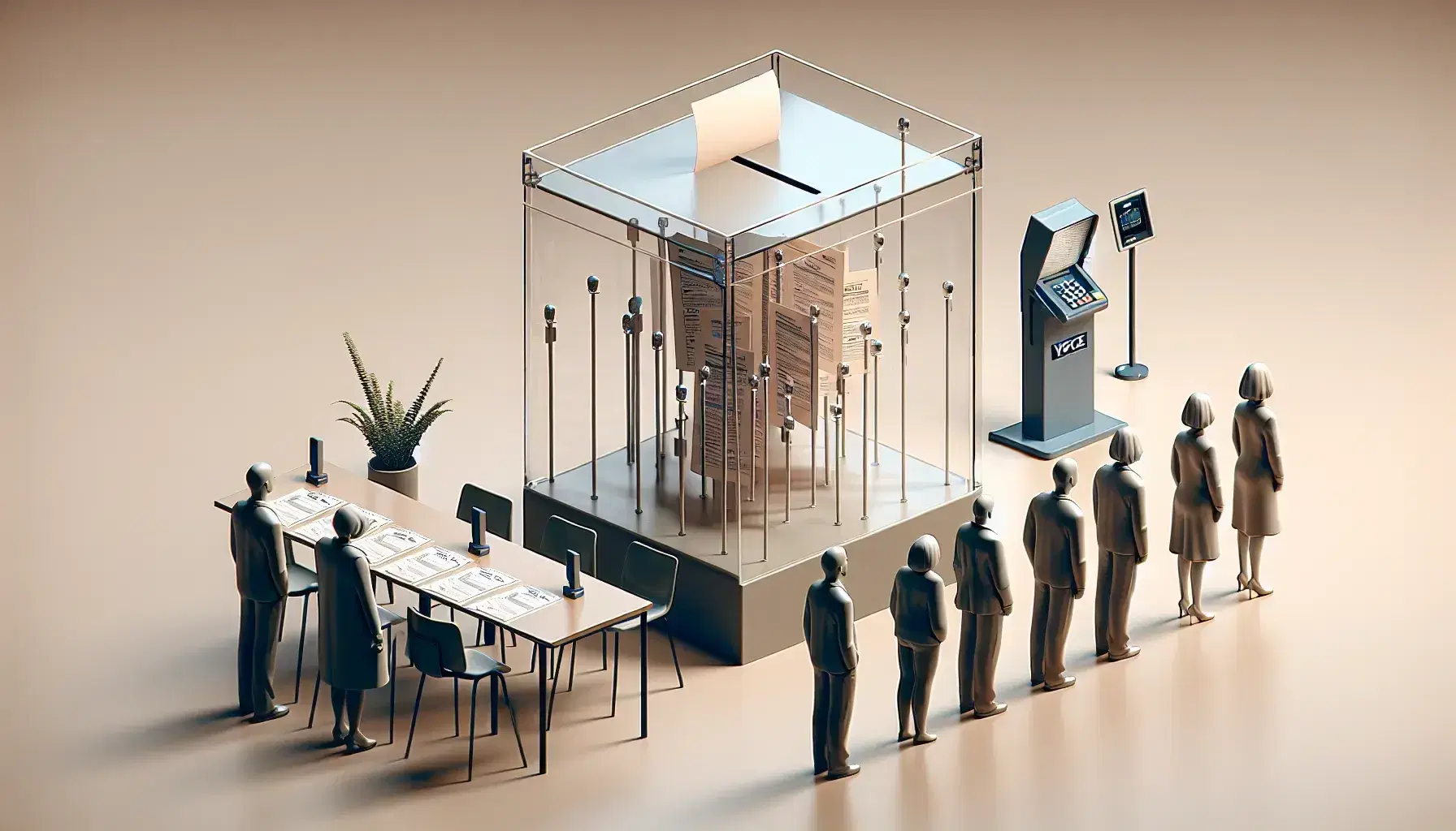 Urna de votación transparente con papeletas y fila de votantes esperando, junto a máquina de votación electrónica apagada y dispositivo biométrico sobre mesa azul, en ambiente neutro.
