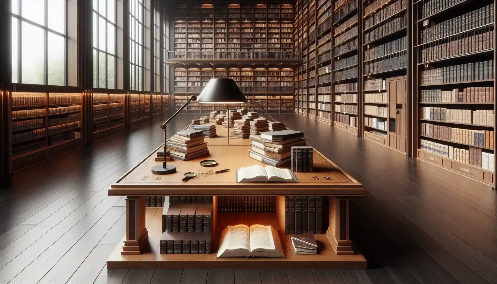 Biblioteca amplia con estanterías de madera llenas de libros, mesa central con libros abiertos, lupa y lámpara, y ventana que aporta luz natural.