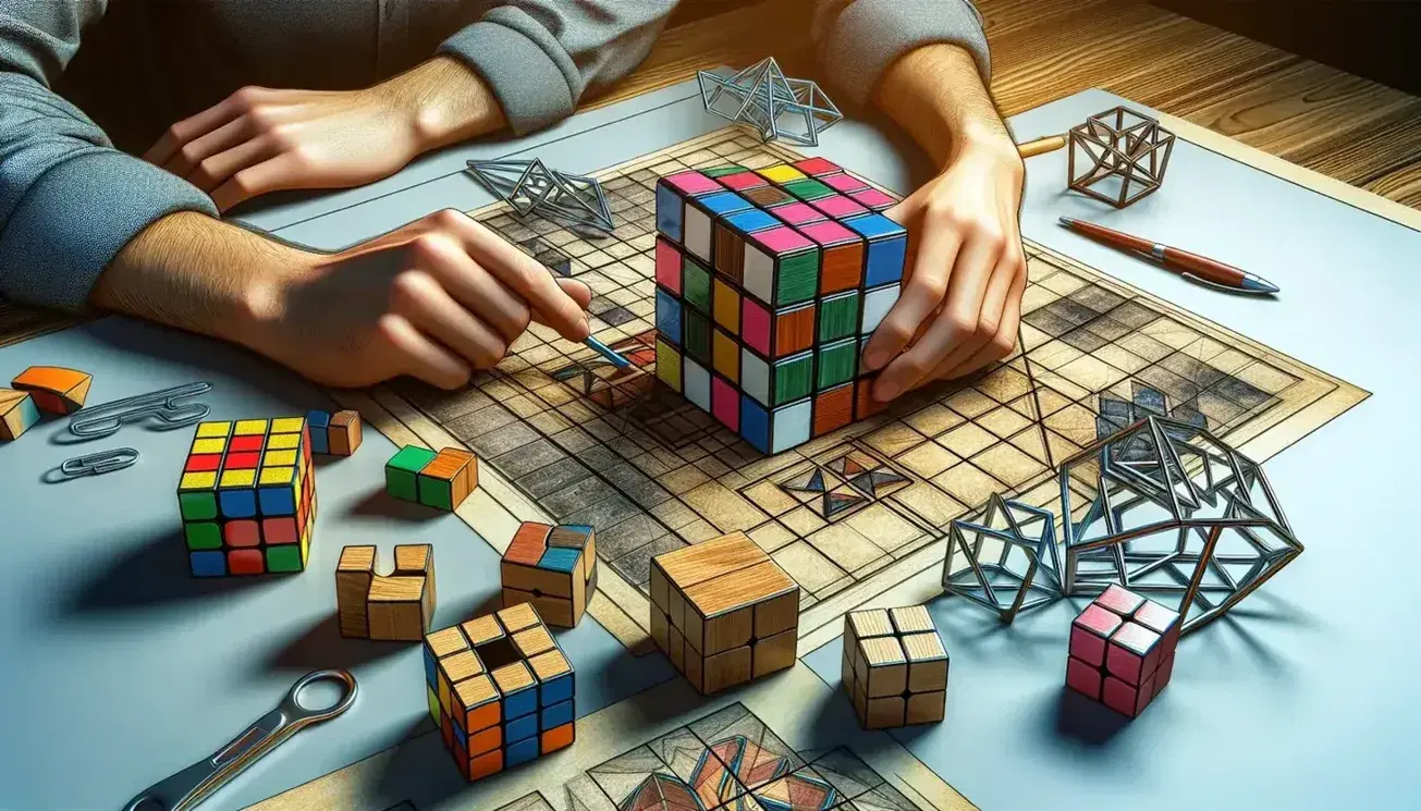 Person focused on a partially solved Rubik's Cube, surrounded by logic games such as wooden tangram and metal puzzles, on a table with started jigsaw puzzles.