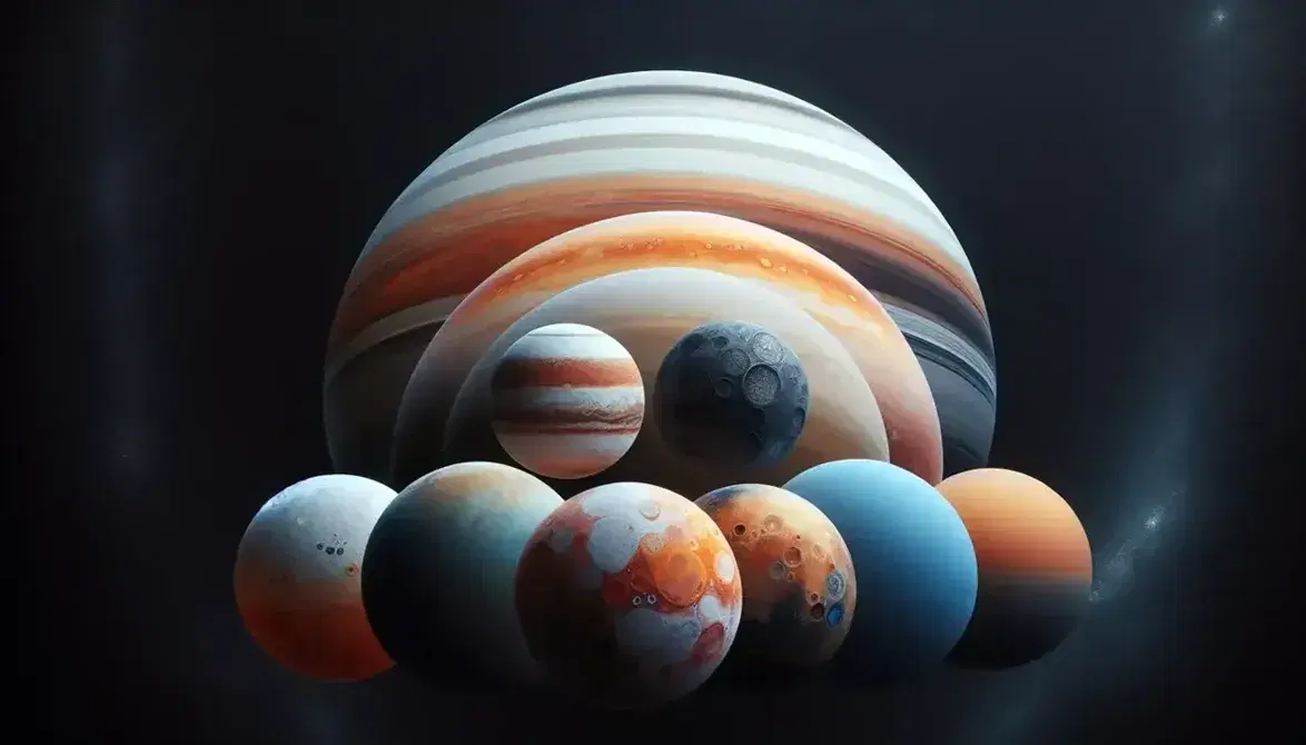 Composizione fotografica di otto pianeti sferici su sfondo nero, con i quattro inferiori terrestri e i quattro superiori gioviani, dettagliati e illuminati.