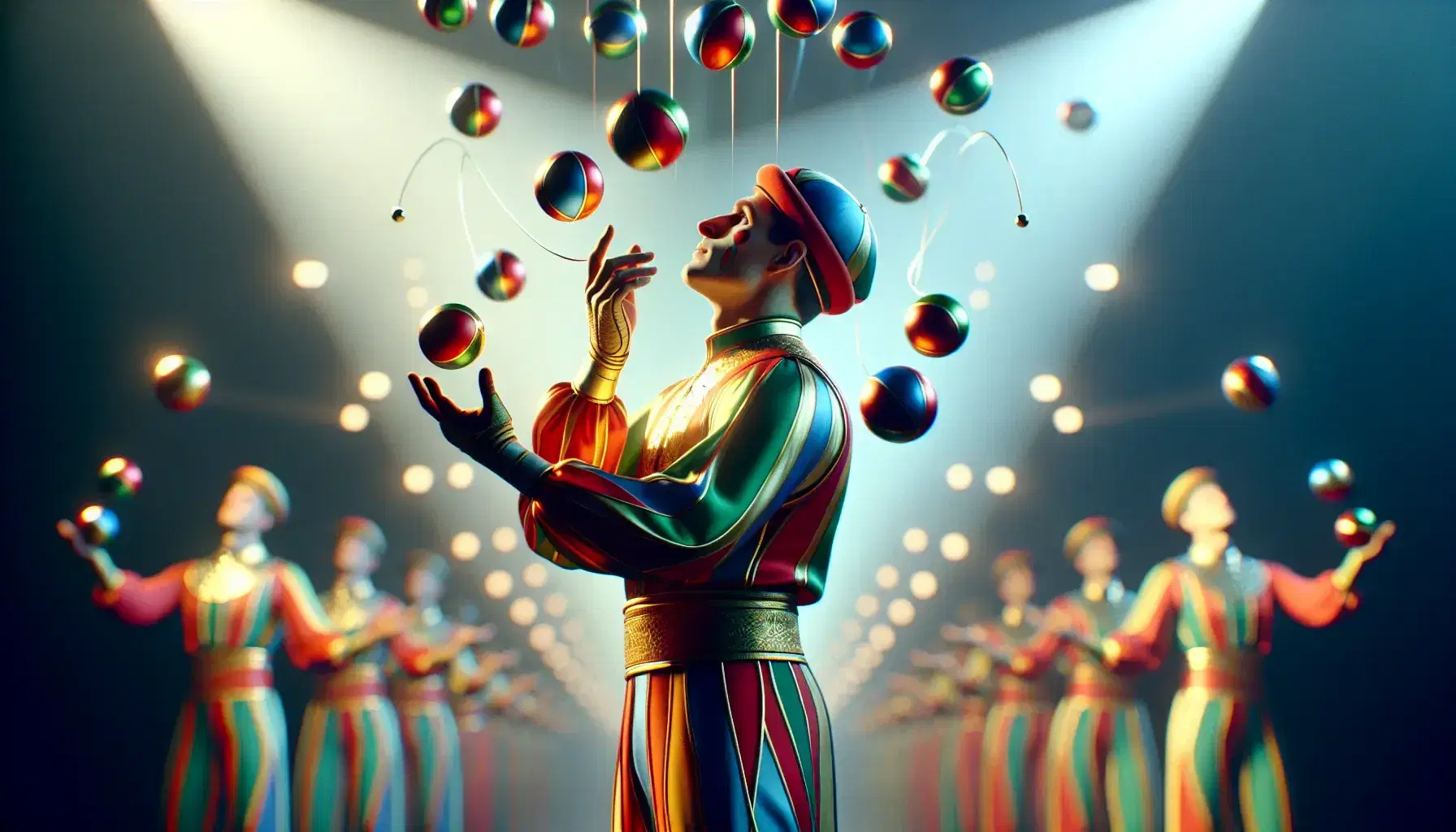 Juggler in colorful costume performing with five glossy balls against a blurred audience backdrop on a simple stage, showcasing skill and coordination.
