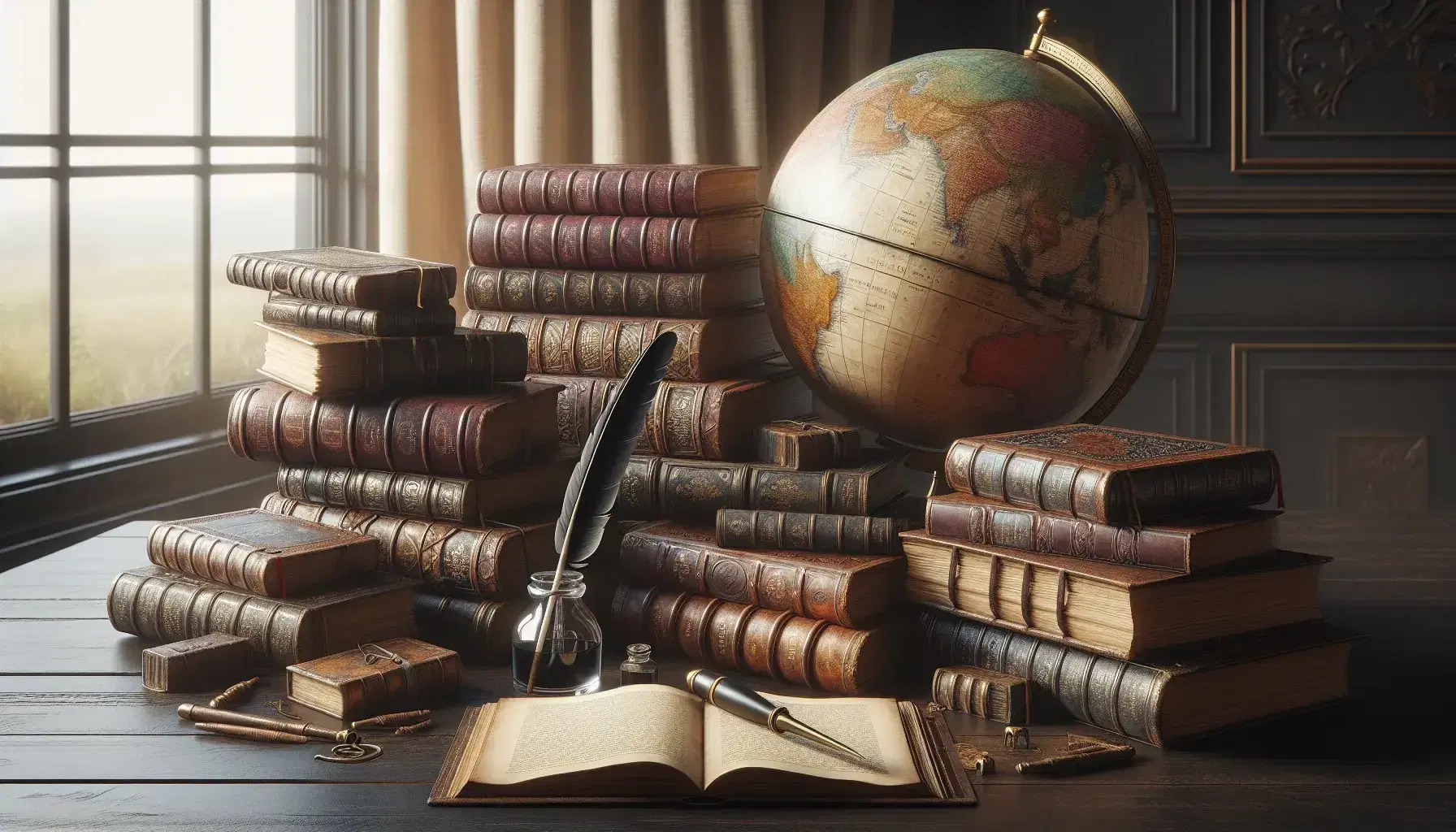 Libri antichi impilati su tavolo scuro con globo antico, penna d'oca e calamaio accanto, sotto luce naturale da finestra.