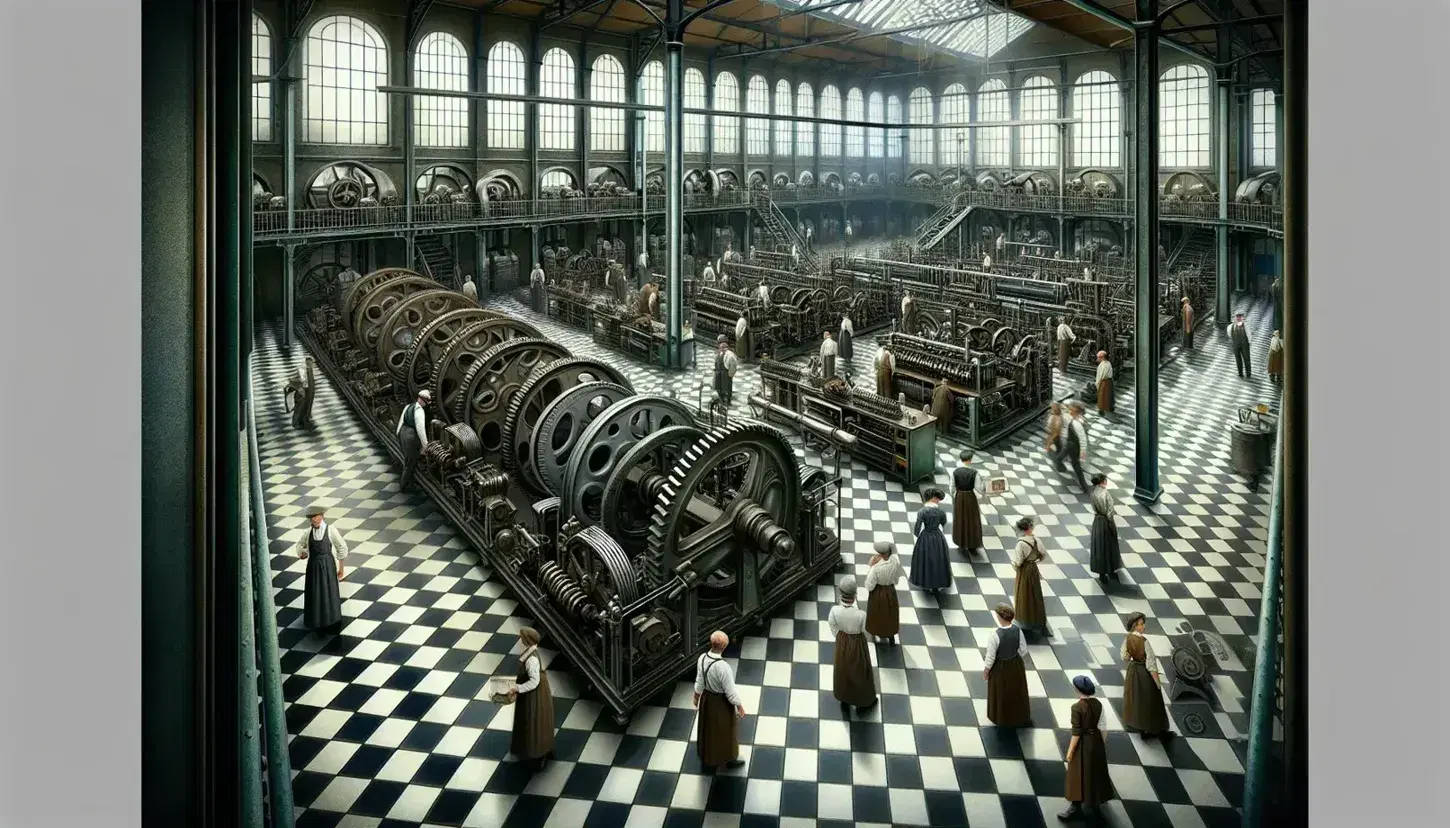 Scena di fabbrica italiana inizio '900 con operai in abiti d'epoca tra macchinari industriali vintage e pavimento a scacchi.