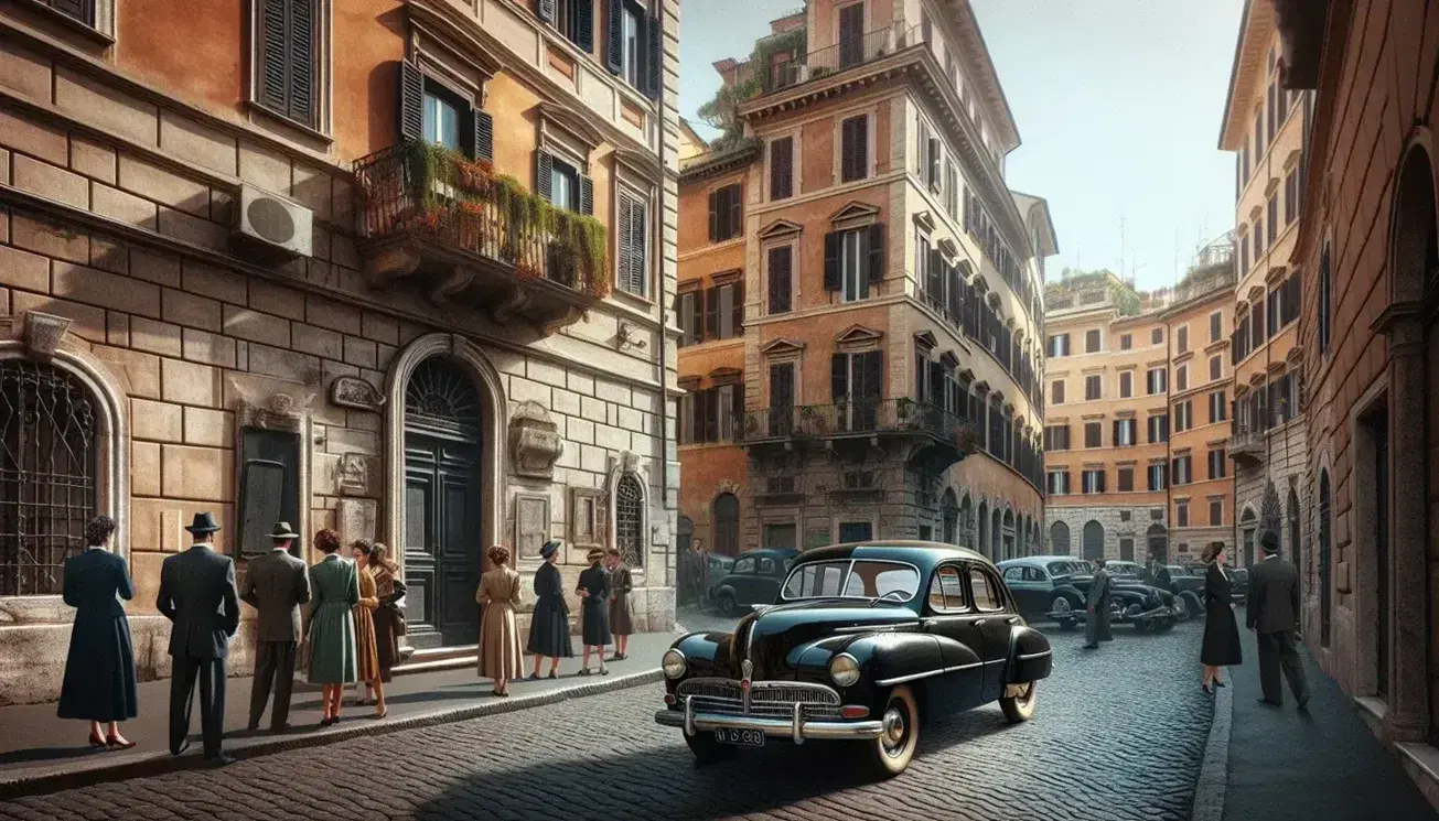 Auto d'epoca nera parcheggiata su strada acciottolata a Roma anni '50, con persone in abiti dell'epoca e bancarella di frutta.