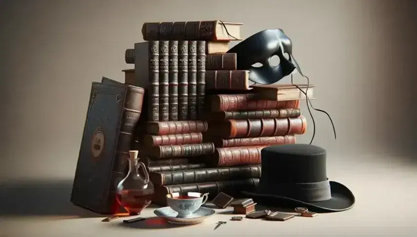 Composizione vintage con libri antichi, maschera di Zorro, cappello nero, tazza capovolta e topo di peluche su sfondo neutro.