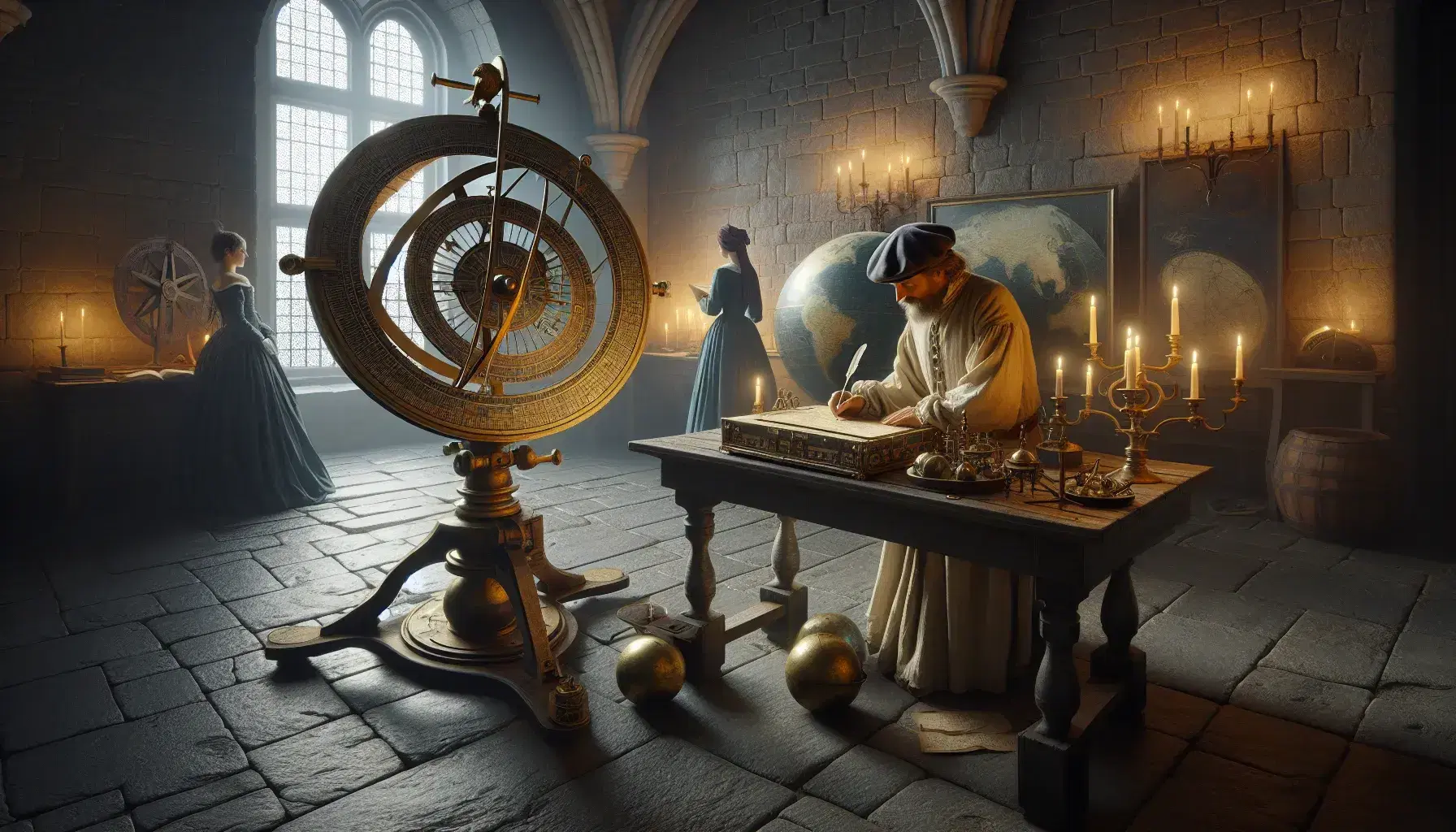 Observatorio astronómico antiguo con hombre escribiendo en pergamino y mujer observando estrellas a través de telescopio, junto a astrolabio de bronce y globo terráqueo.