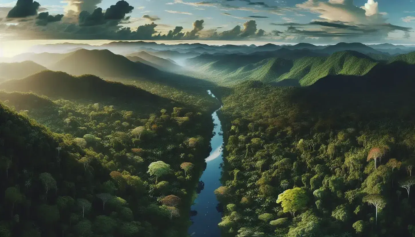 Vista aérea de un bosque tropical con un río serpenteante, copas de árboles en tonos de verde y montañas al fondo bajo un cielo nublado.
