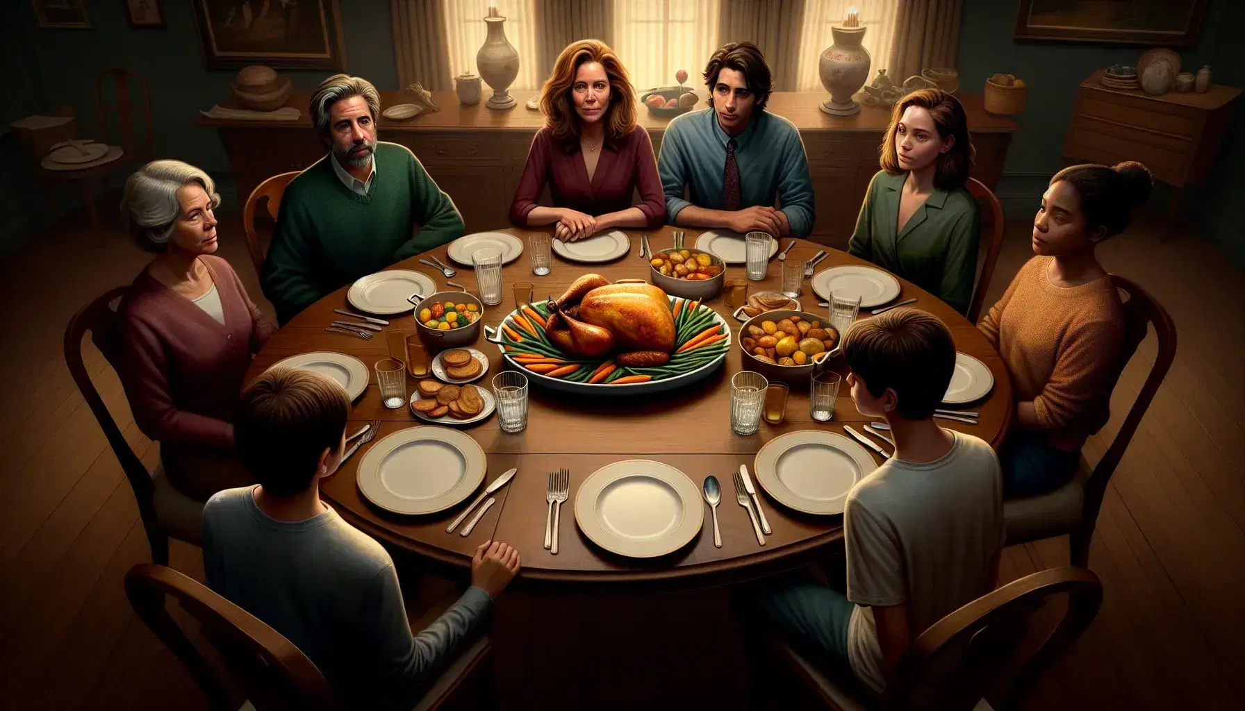 Family dinner scene with six diverse members around a wood table set with white plates, silverware, glasses, and a roasted chicken meal.