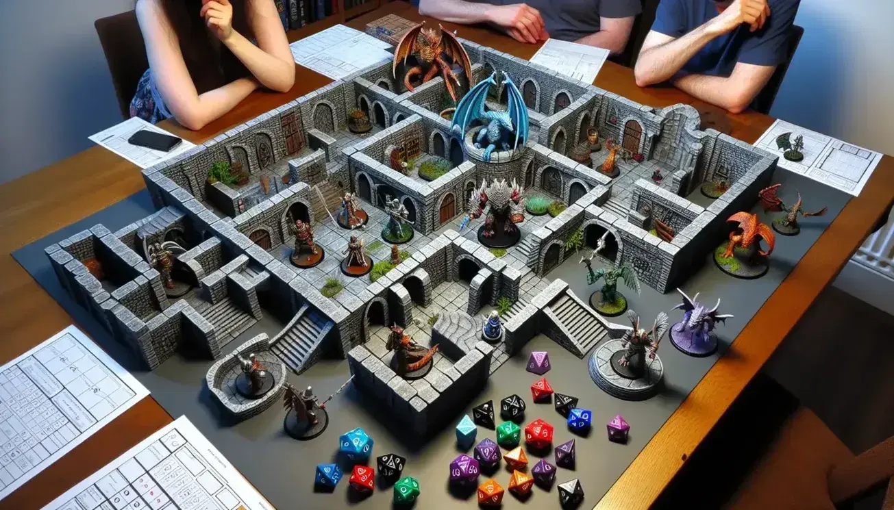 Gruppo di cinque persone gioca a un gioco di ruolo con dungeon in miniatura, dadi poliedrici colorati e miniature di eroi e mostri.