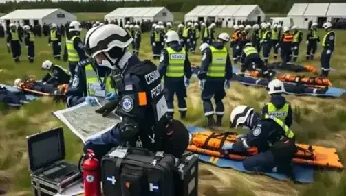Esercitazione di soccorritori della Protezione Civile in campo aperto, con uniformi blu, caschi bianchi e distintivi arancioni, utilizzando radio e mappa.