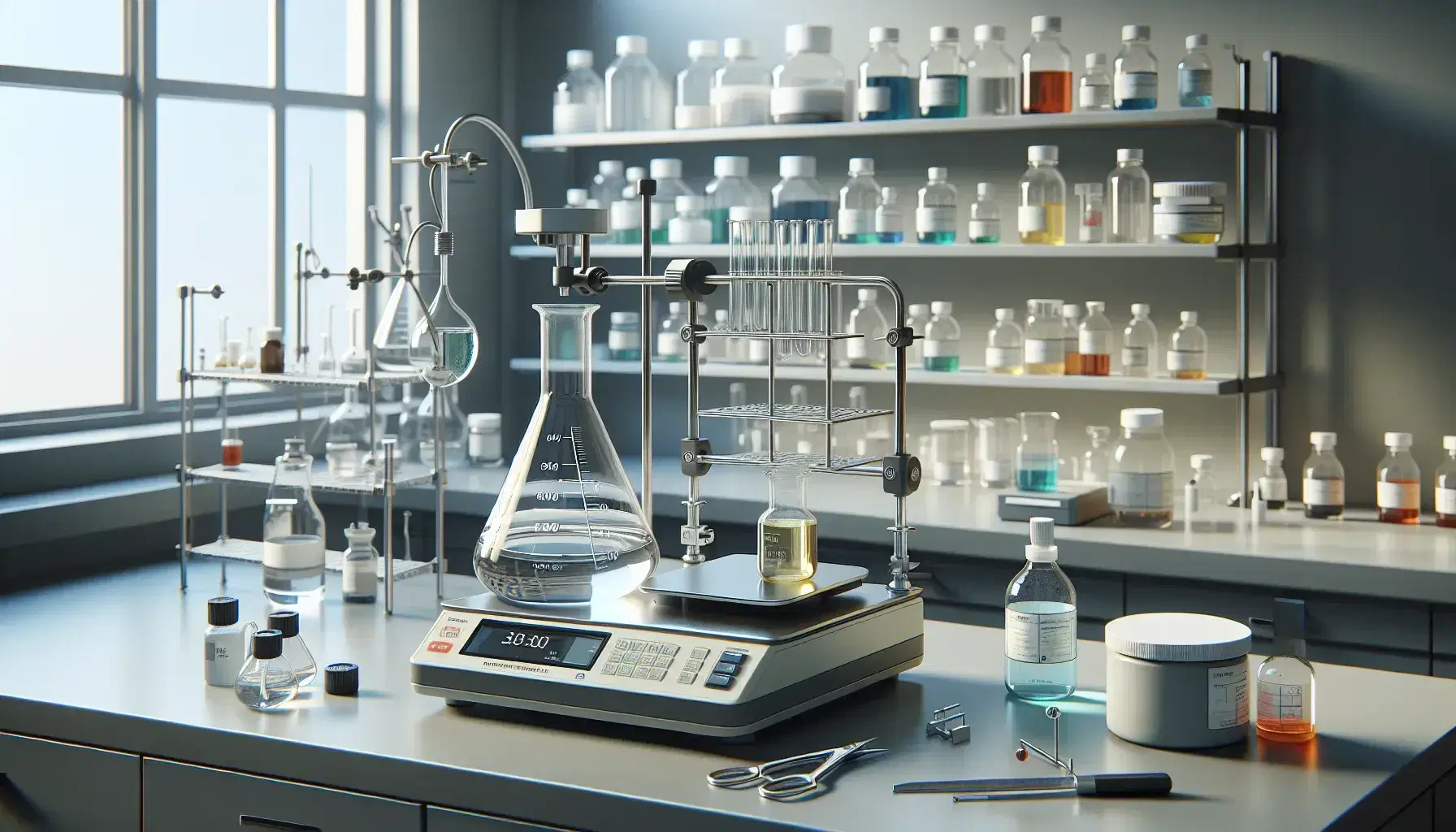 Laboratorio de química con matraz Erlenmeyer y líquido incoloro, pinza sujetando tubo de ensayo con sustancia amarilla, balanza analítica y frascos con líquidos de colores en estante.