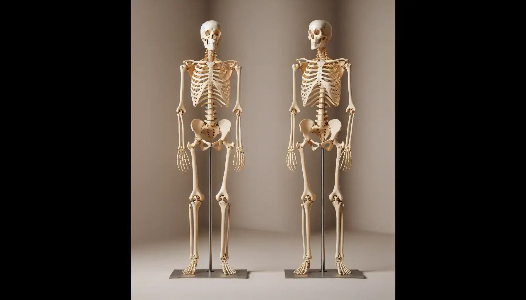 Esqueleto humano completo montado verticalmente en soporte metálico, con brazos separados y palmas hacia adelante, sin tejidos ni escrituras.