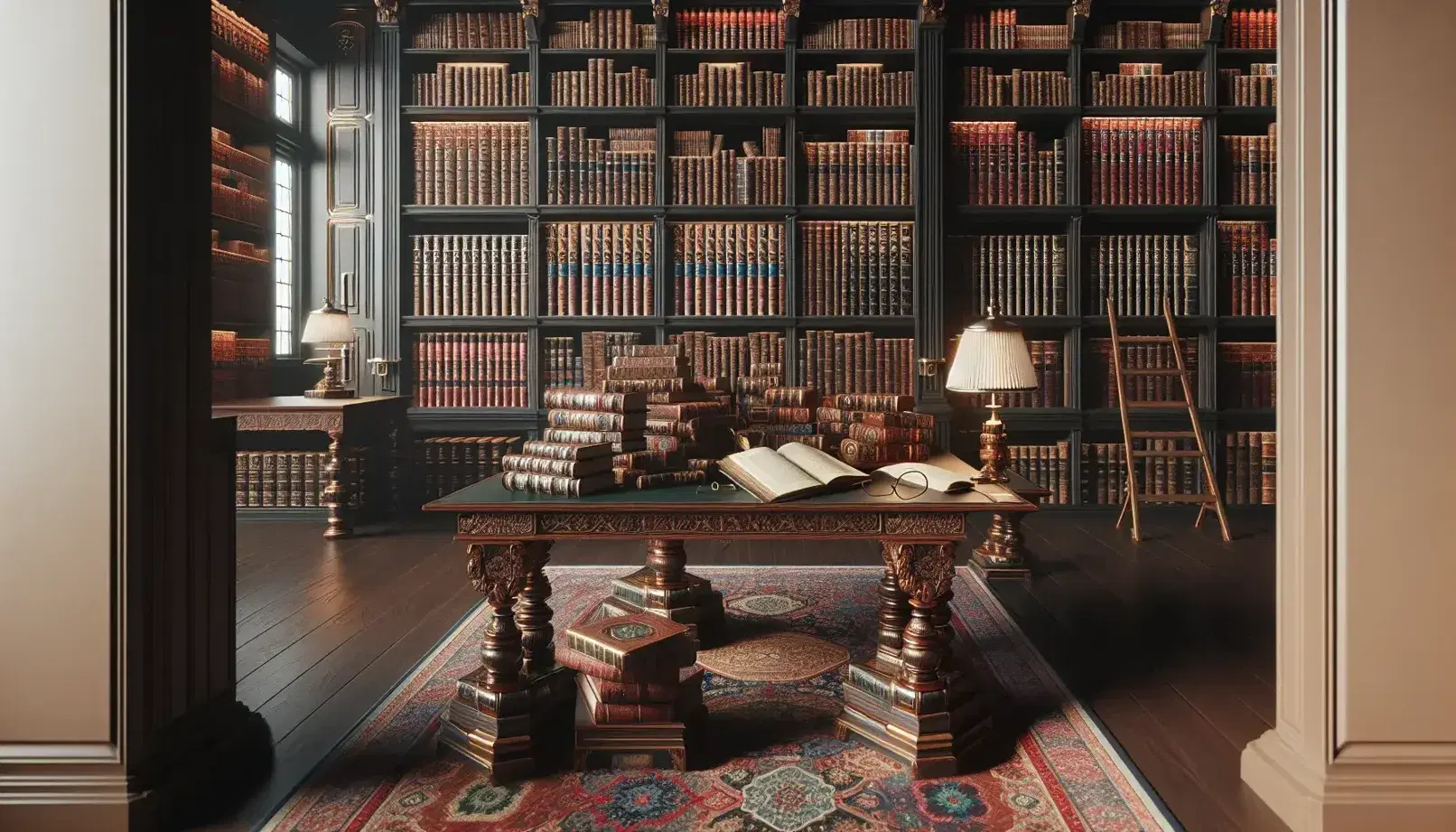 Biblioteca clásica con estanterías de madera oscura llenas de libros encuadernados en cuero, mesa central con libros abiertos y gafas, y una escalera de madera al fondo.