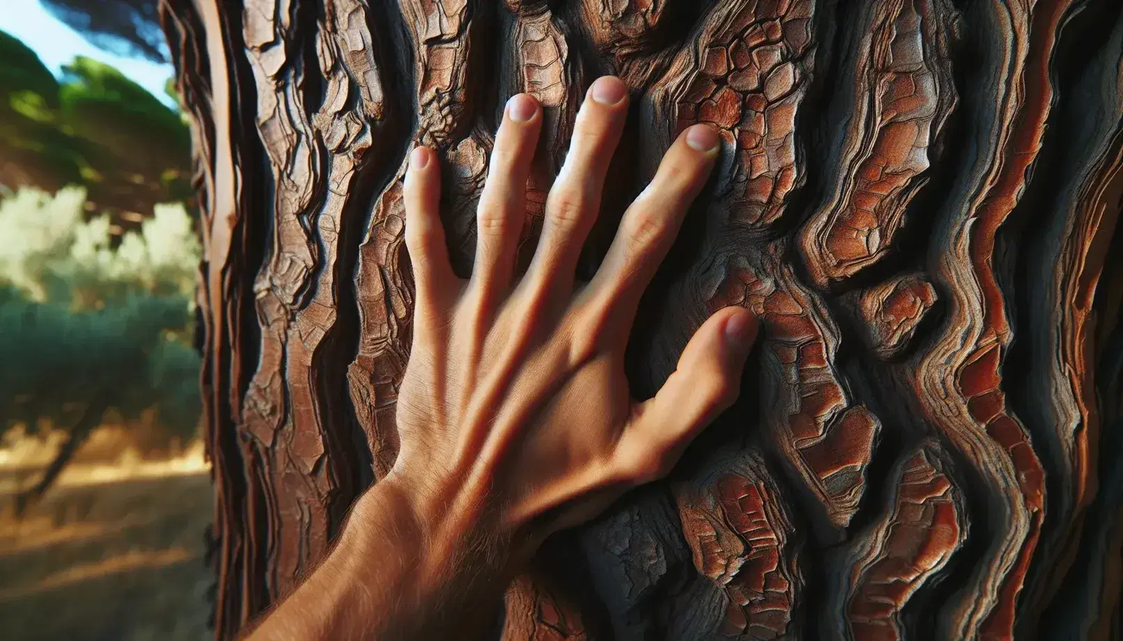Human hand touching the rough bark of a tree, exploring the texture with slightly curved fingers, on blurred natural background.