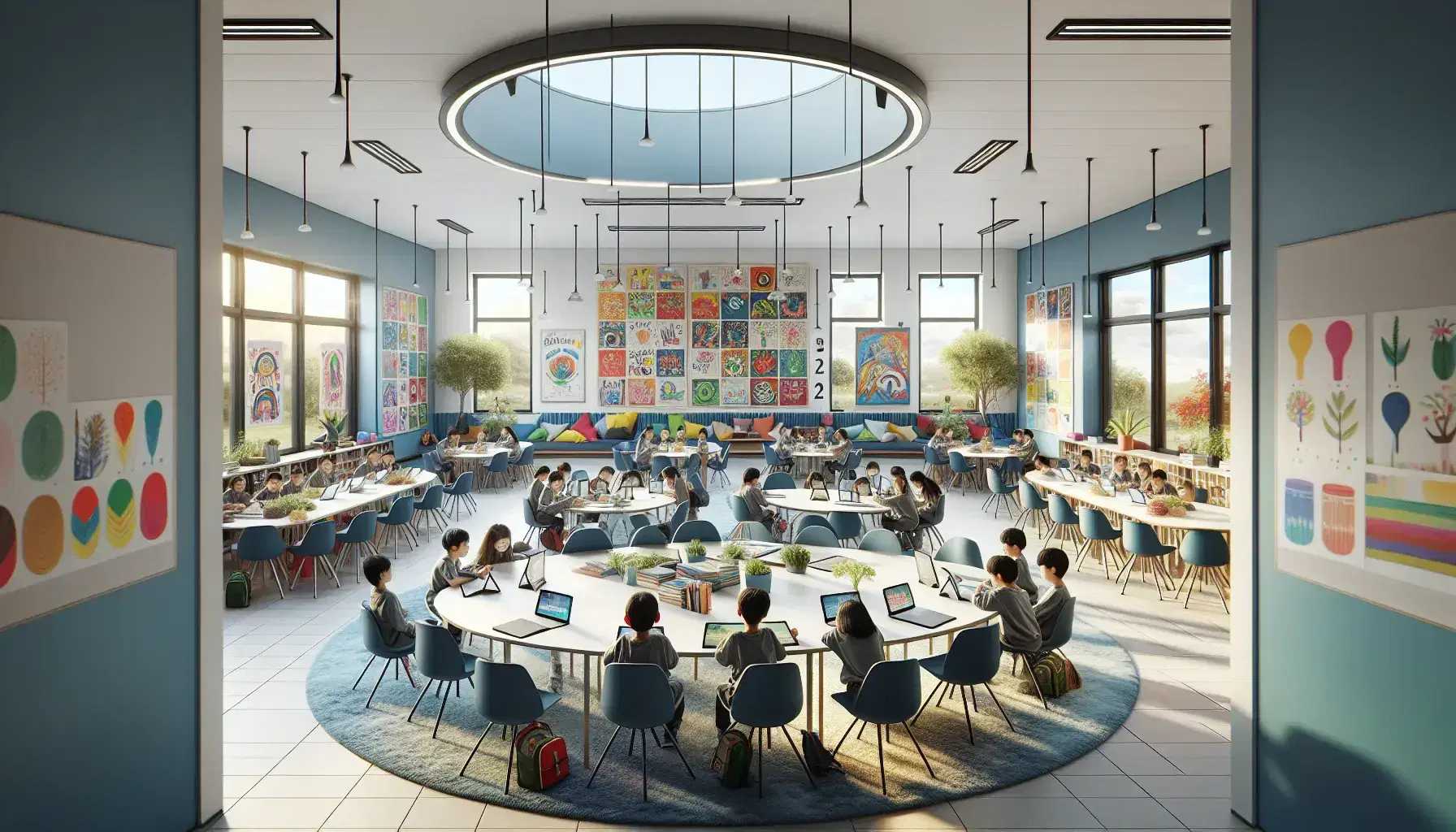 Aula moderna e luminosa con pareti azzurre, tavolo ovale centrale, sedie ergonomiche blu, studenti vari con tecnologie e materiali didattici, angolo lettura accogliente e opere artistiche studentesche.