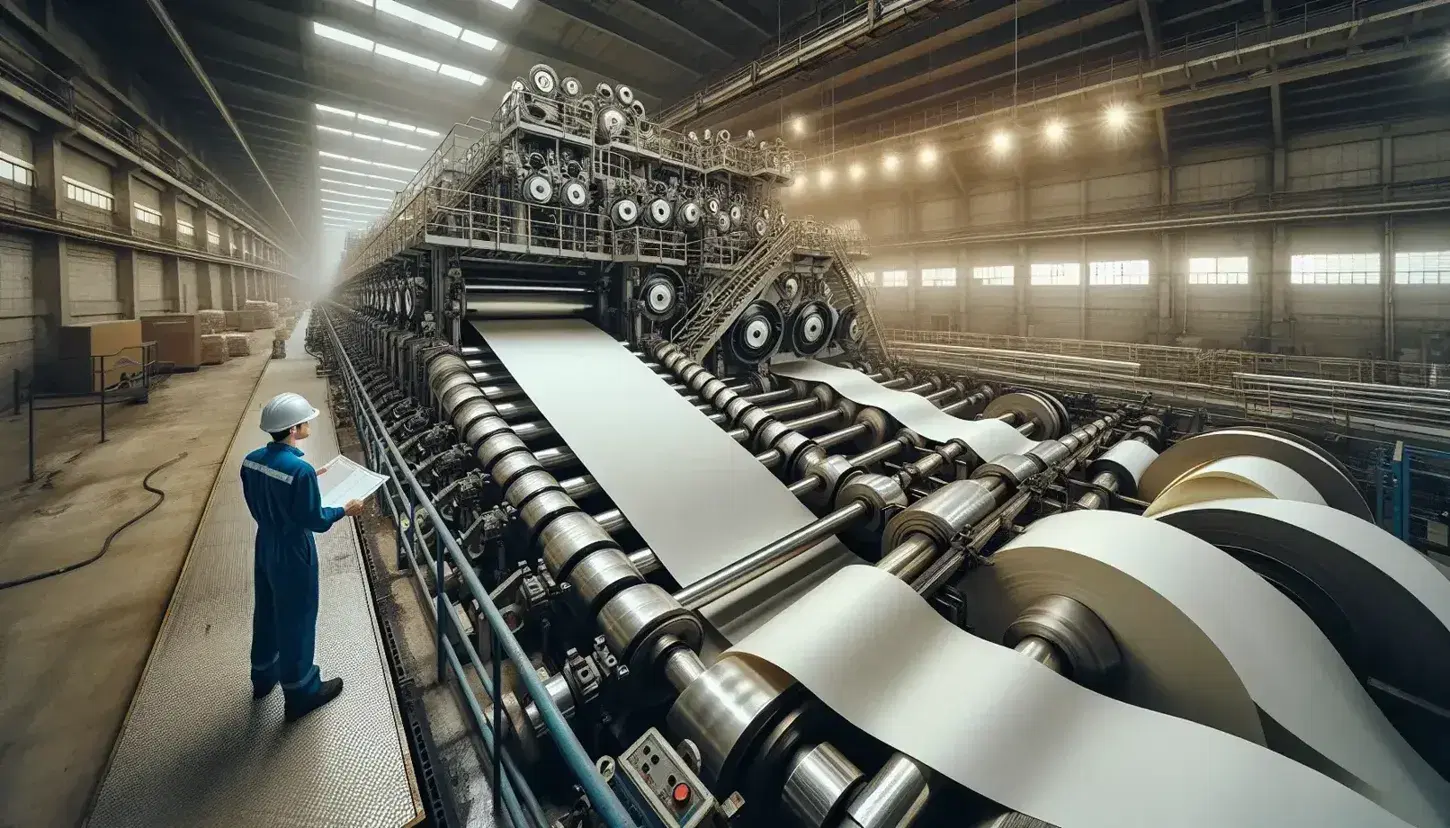 Macchinario continuo per la produzione di carta con rulli metallici e operatore in divisa blu che controlla il processo in una cartiera.