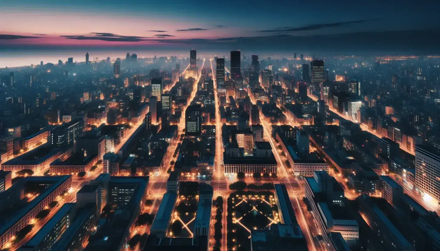 Veduta aerea di una città al crepuscolo con luci artificiali che delineano le strade, grattacieli in silhouette e un parco cittadino in primo piano.