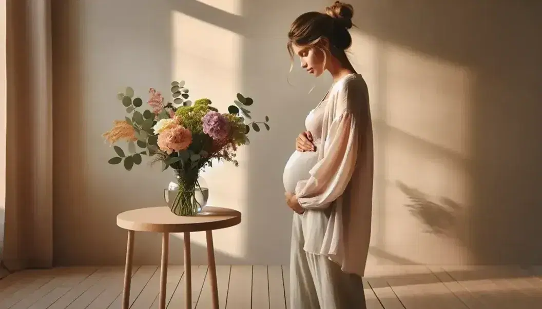 Mujer embarazada en perfil con mano en vientre, cabello recogido y blusa pastel, junto a mesa con jarrón de flores frescas, fondo de pared clara y suelo de madera.